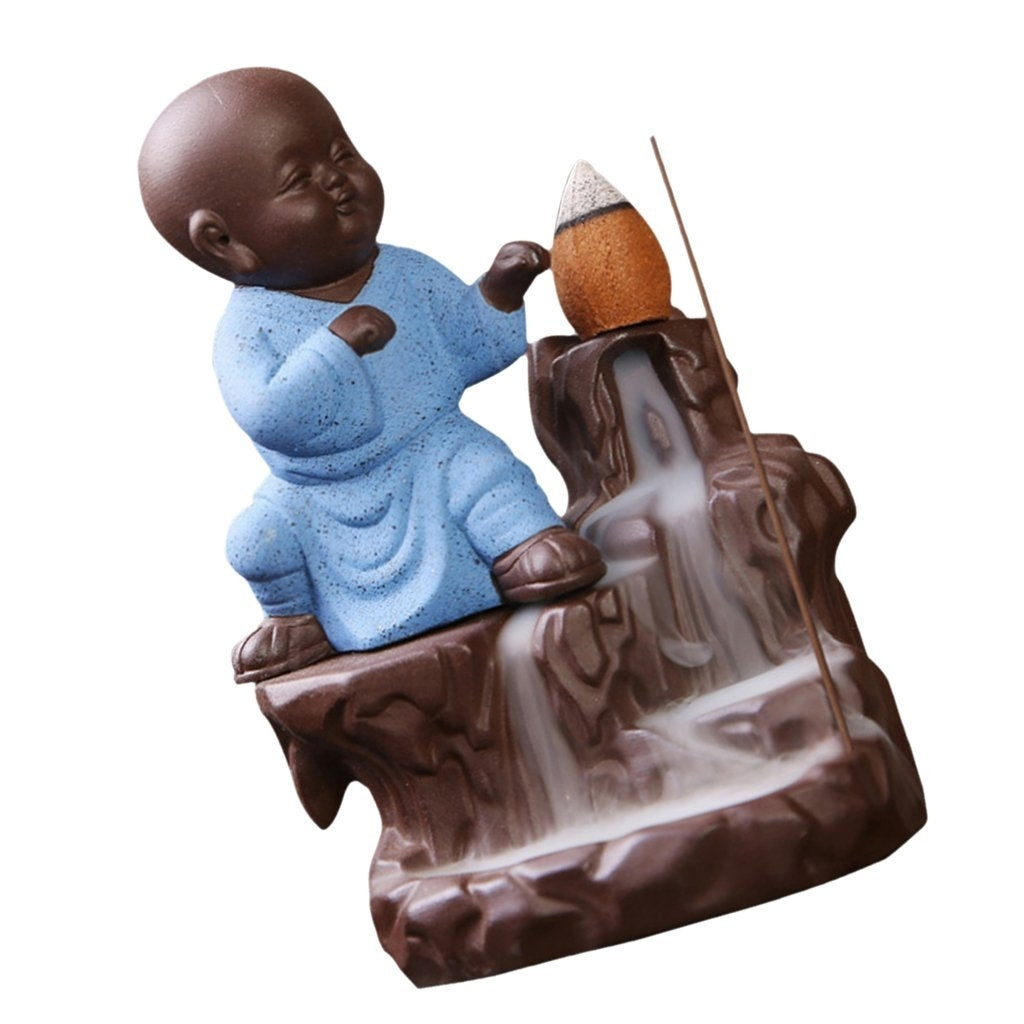 Karate Style Monk Buddha Statue Smoke Backflow Cone Incense Holder Decorative Showpiece with 10 free Smoke Backflow Scented Cone Incenses(Blue and Brown) 2