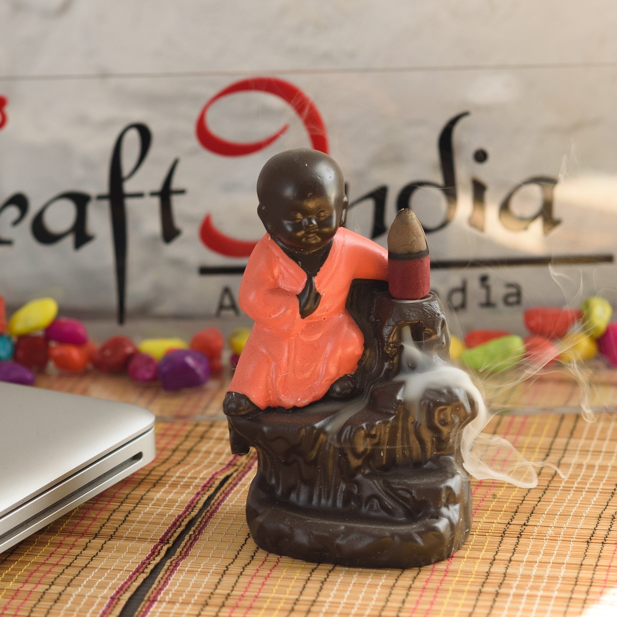 Karate Style Monk Buddha Idol Smoke Backflow Cone Incense Holder Decorative Showpiece With 10 Backflow Incense Cone