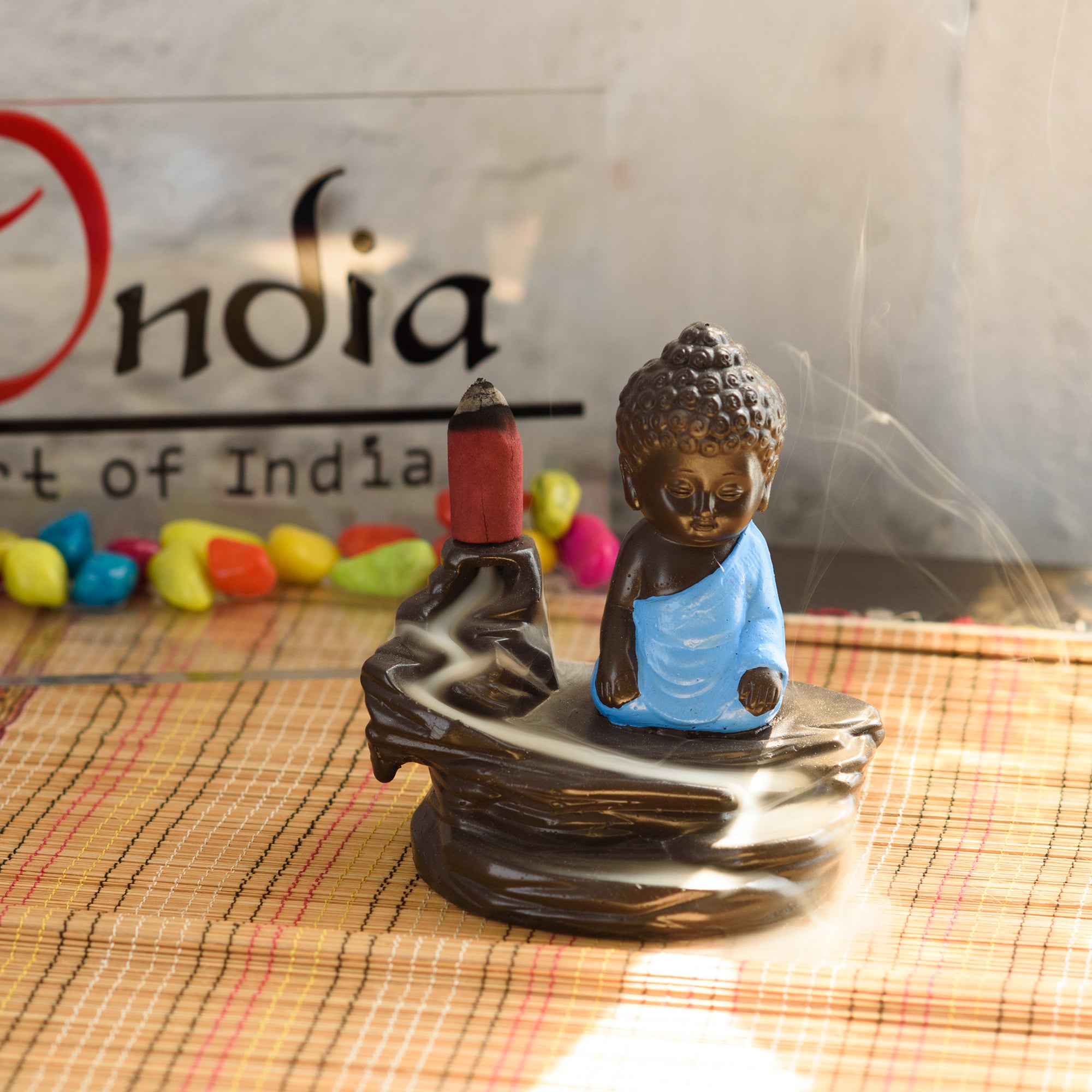 Meditating Monk Buddha Smoke Fountain with 10 Backflow Cone Decorative Incense Holder