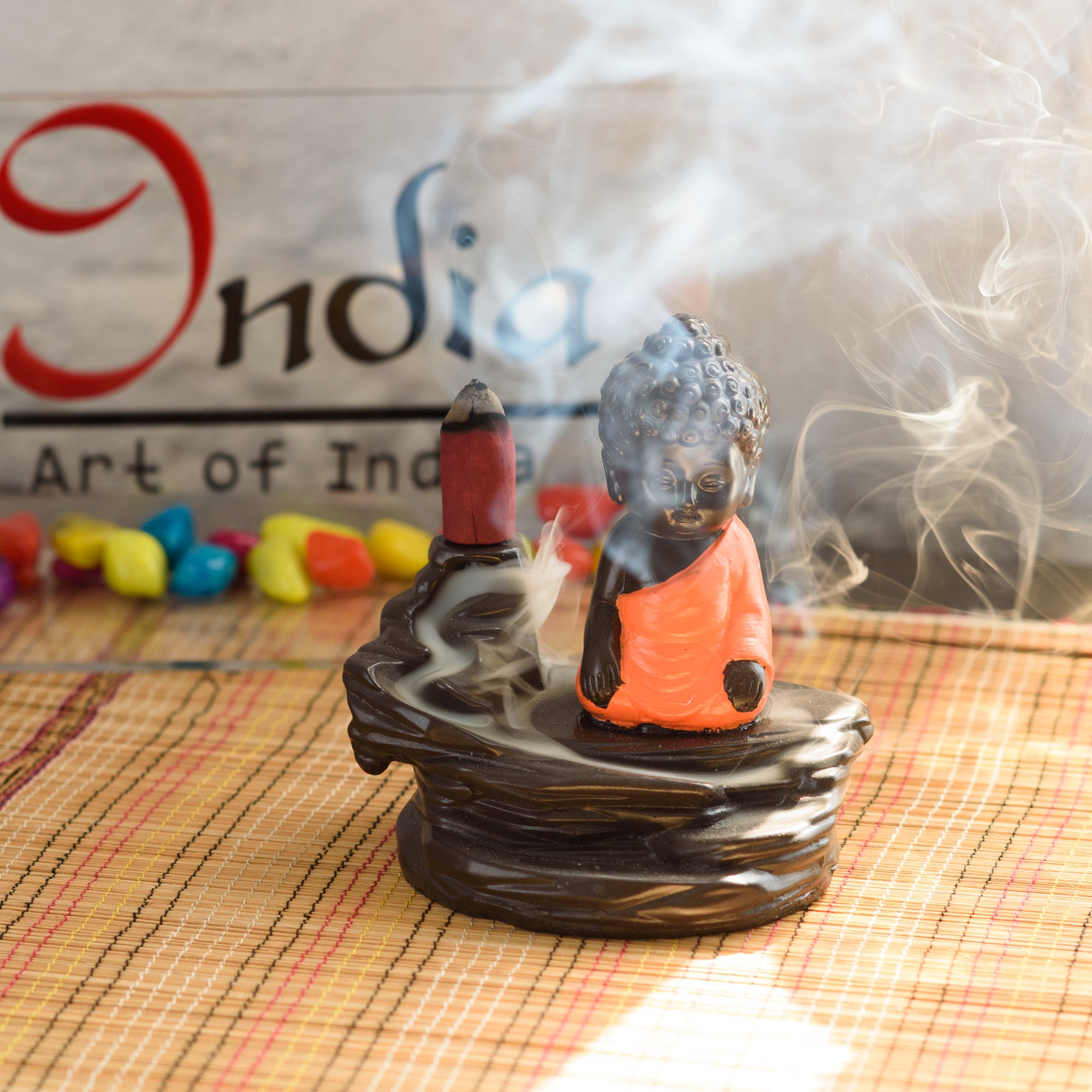 Meditating Monk Buddha Statue Smoke Backflow Cone Incense Holder Decorative Showpiece With 10 Backflow Incense Cone