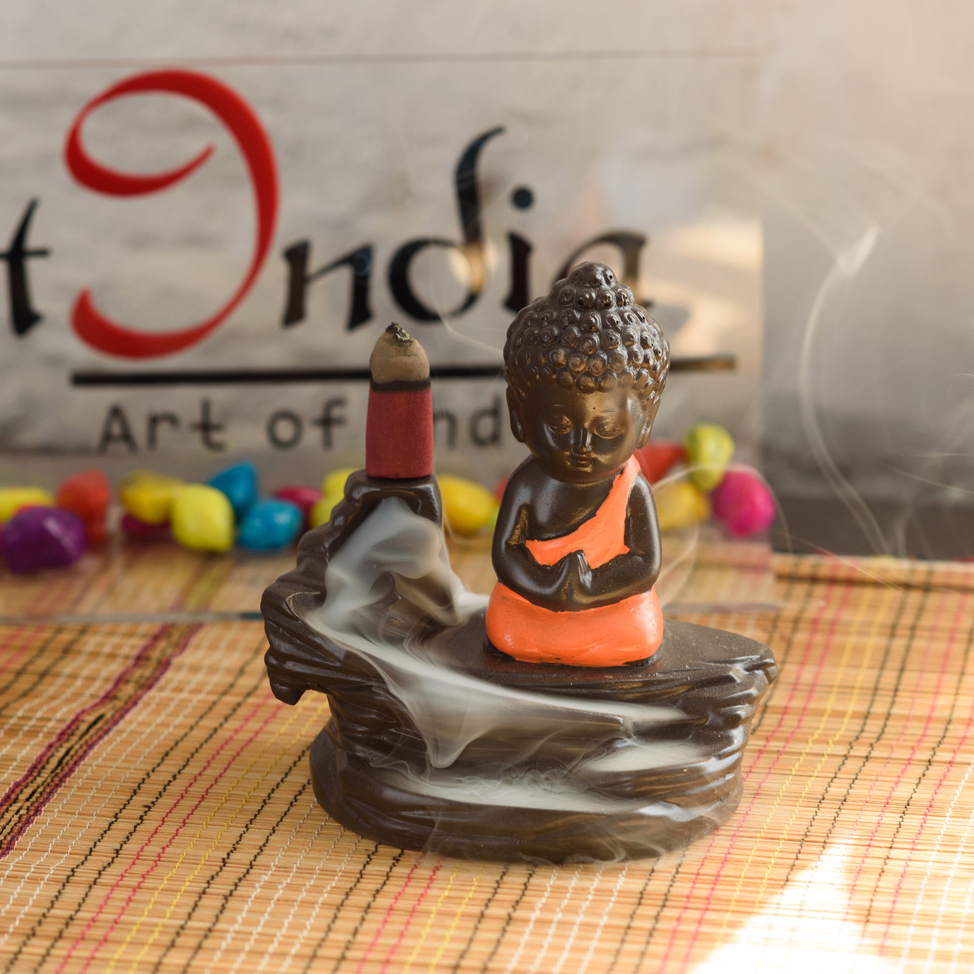 Meditating Monk Buddha Smoke Fountain with 10 Backflow Cone Decorative Incense Holder