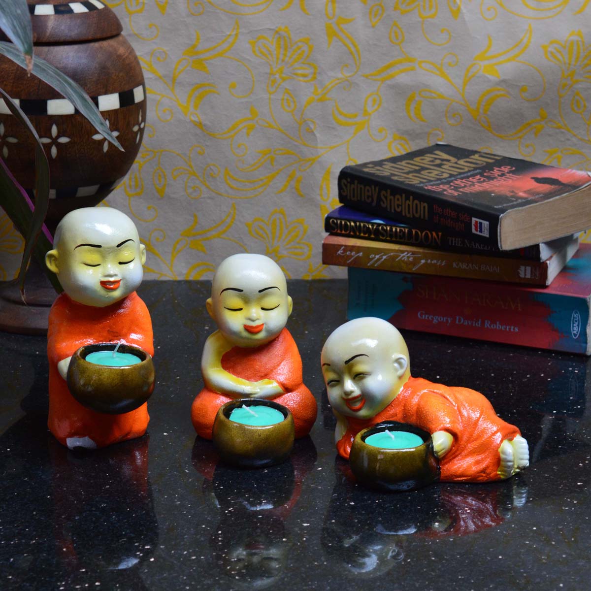 Set of 3 Monks Candle Holder - Orange 1