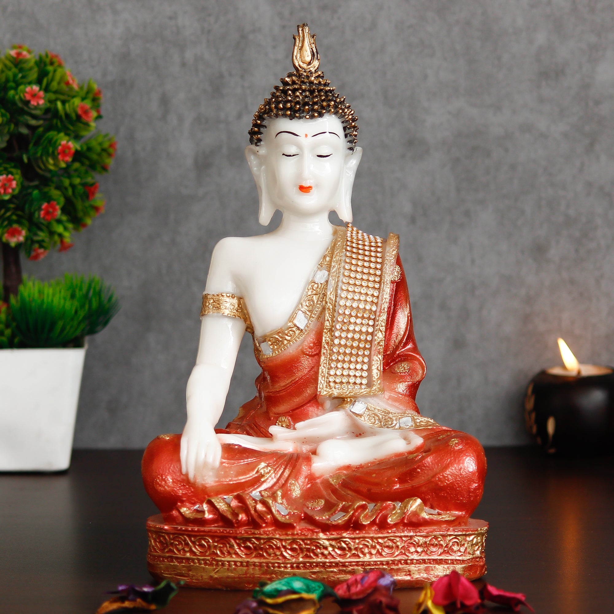 Polyresin Orange & White Meditating Lord Buddha Statue 1