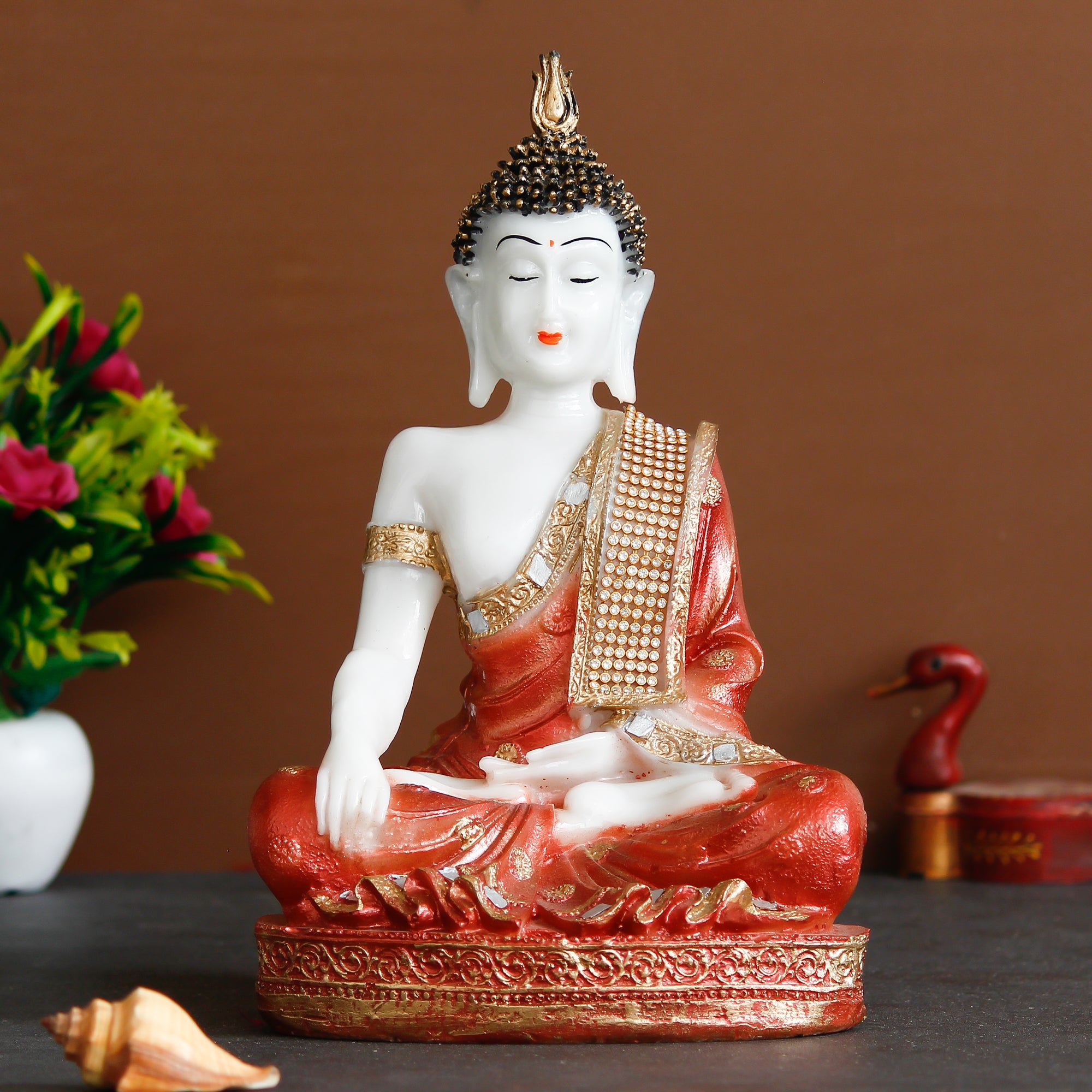 Polyresin Orange & White Meditating Lord Buddha Statue