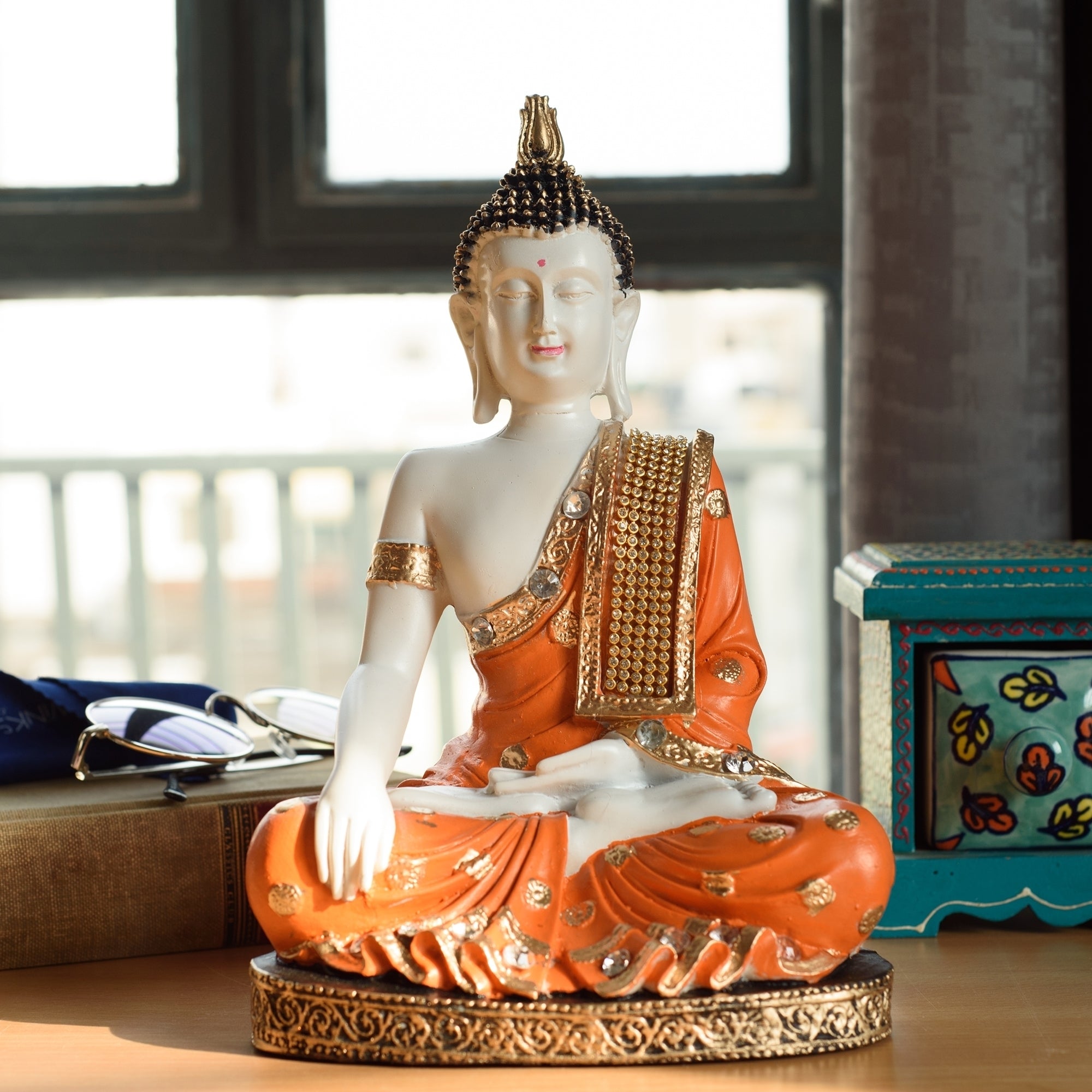 Polyresin Orange & White Meditating Lord Buddha Idol 1