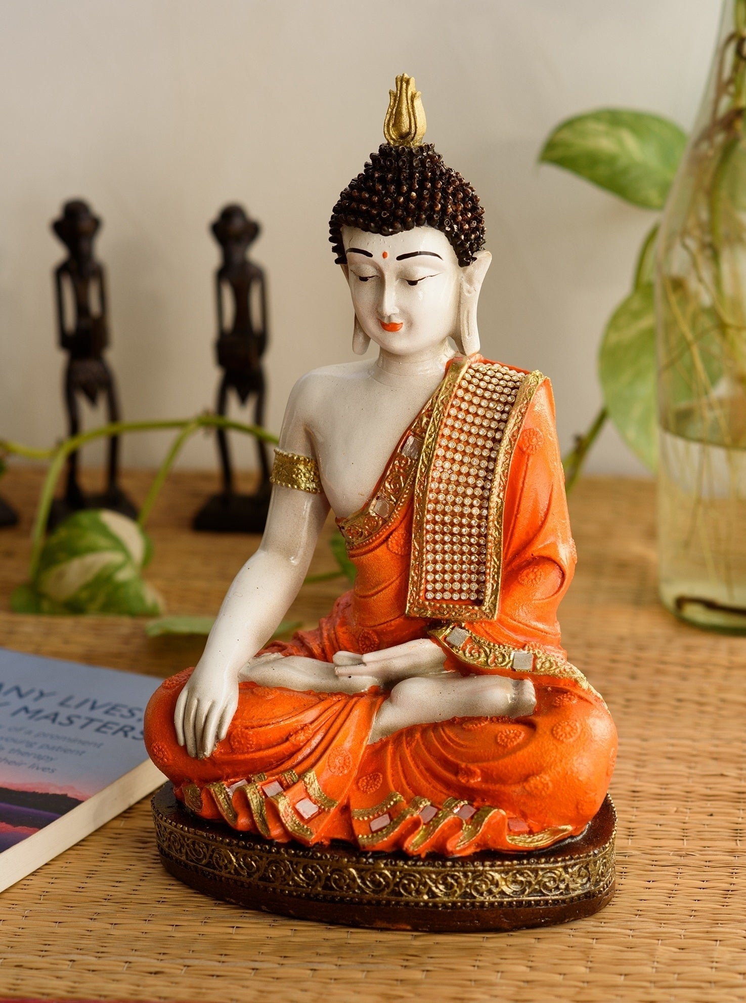 Polyresin Orange & White Meditating Lord Buddha Idol