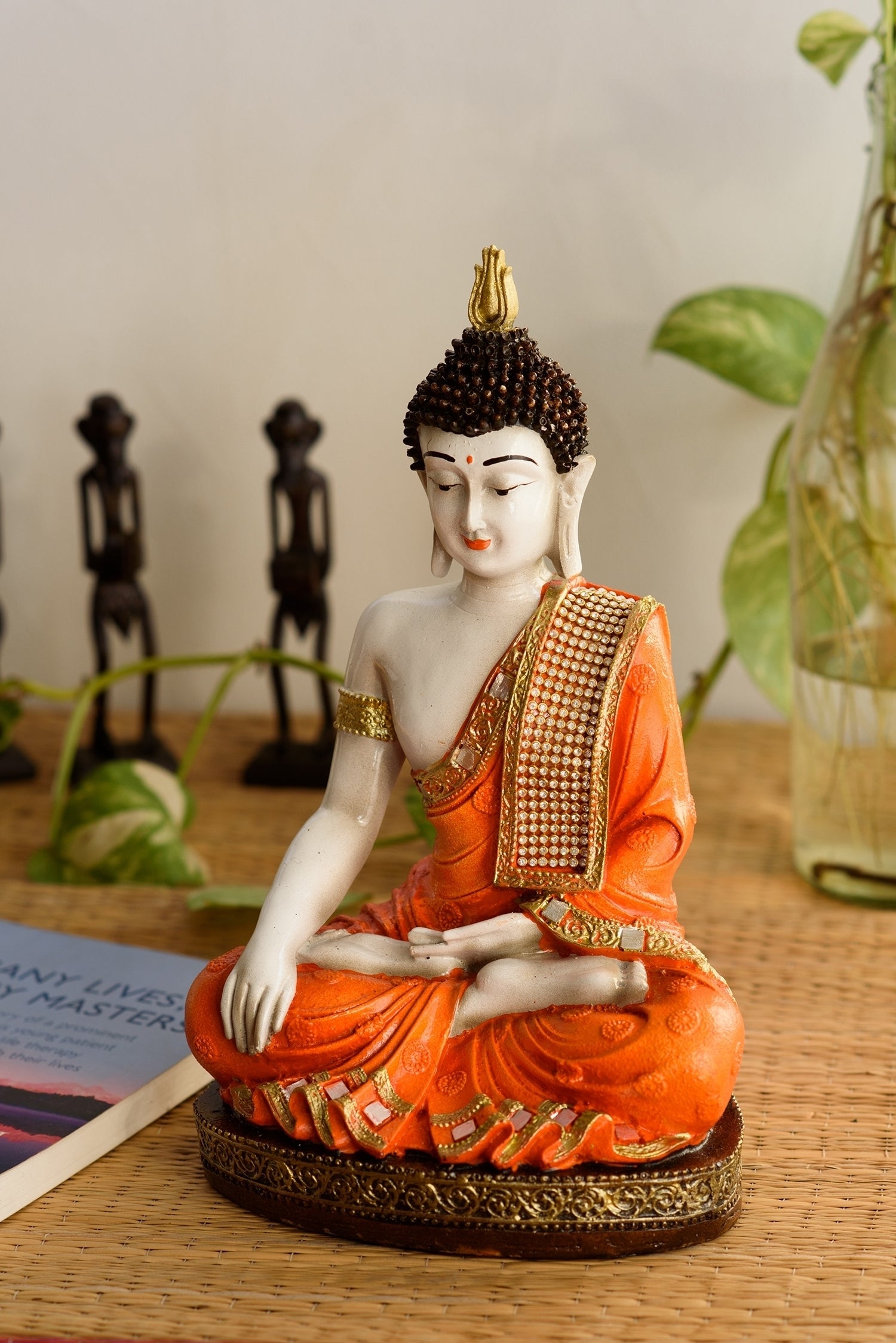 Polyresin Orange & White Meditating Lord Buddha Idol 3