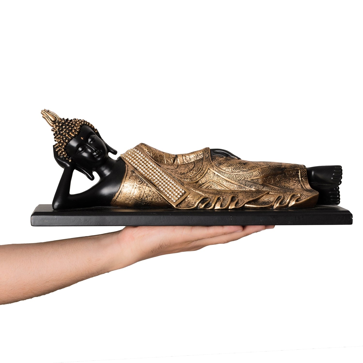 Polyresin Black and golden Resting Buddha Statue on Wooden Board 4