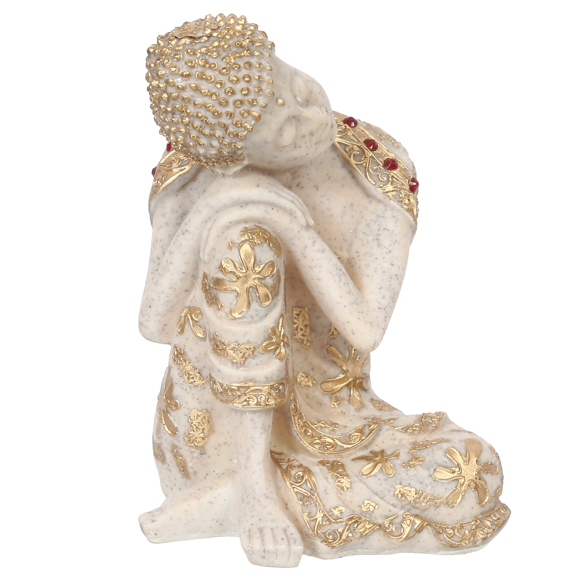 Polyresin White and Golden Resting Buddha on Knee Statue 3