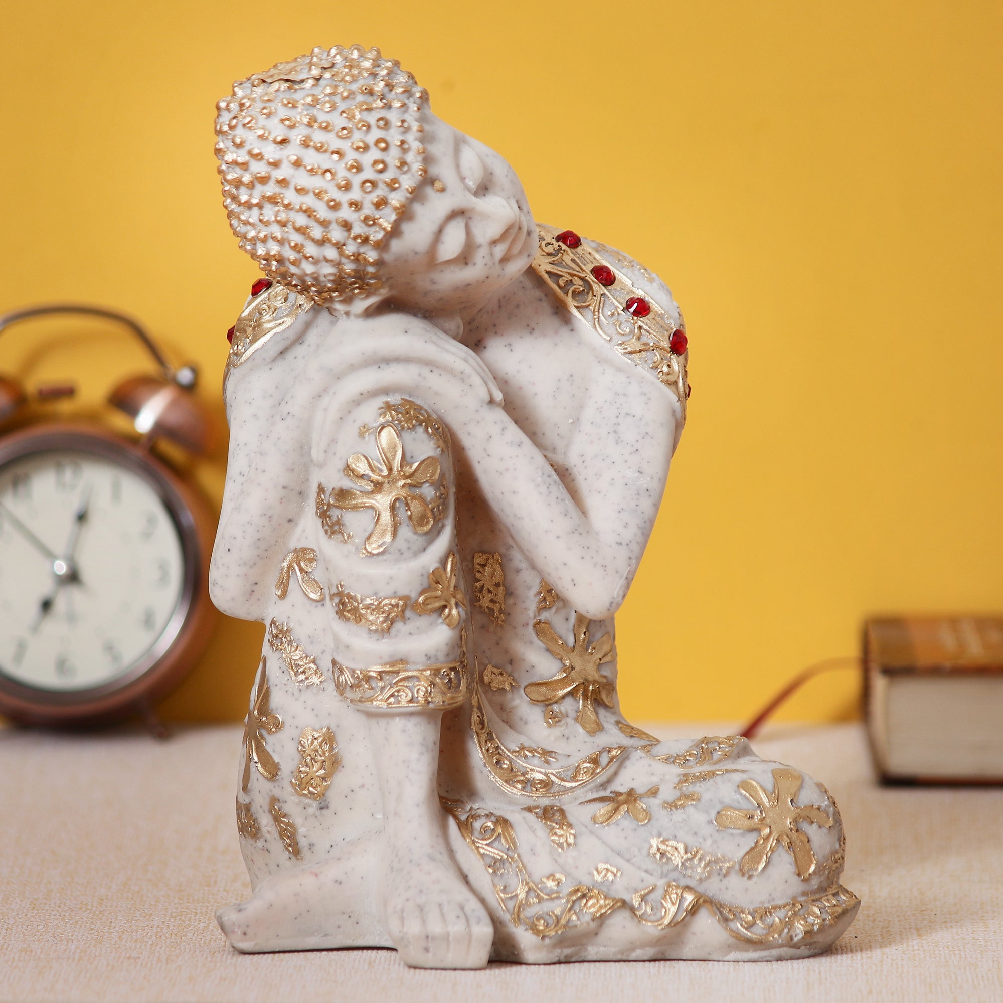Polyresin White and Golden Resting Buddha on Knee Statue 6