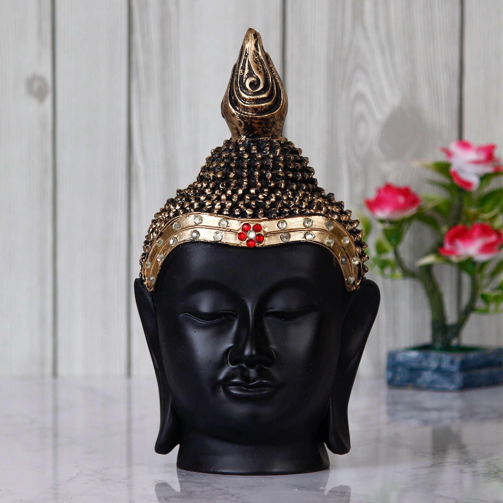 Polyresin Gold and Black Meditating Buddha Head Statue
