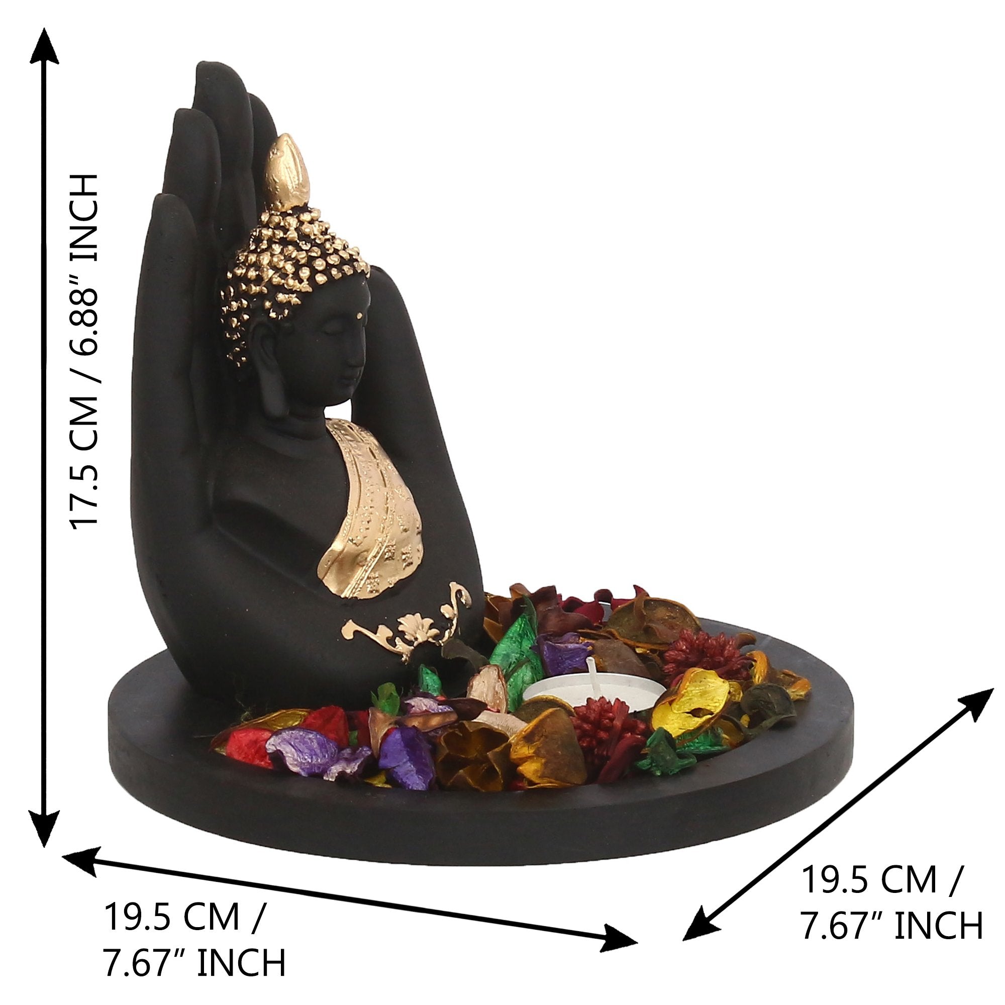 Designer Peacock Rakhi with Golden Handcrafted Palm Buddha Decorative Showpiece with Wooden Base, Fragranced Petals and Tealight and Roli Chawal Pack, Best Wishes Greeting Card 3