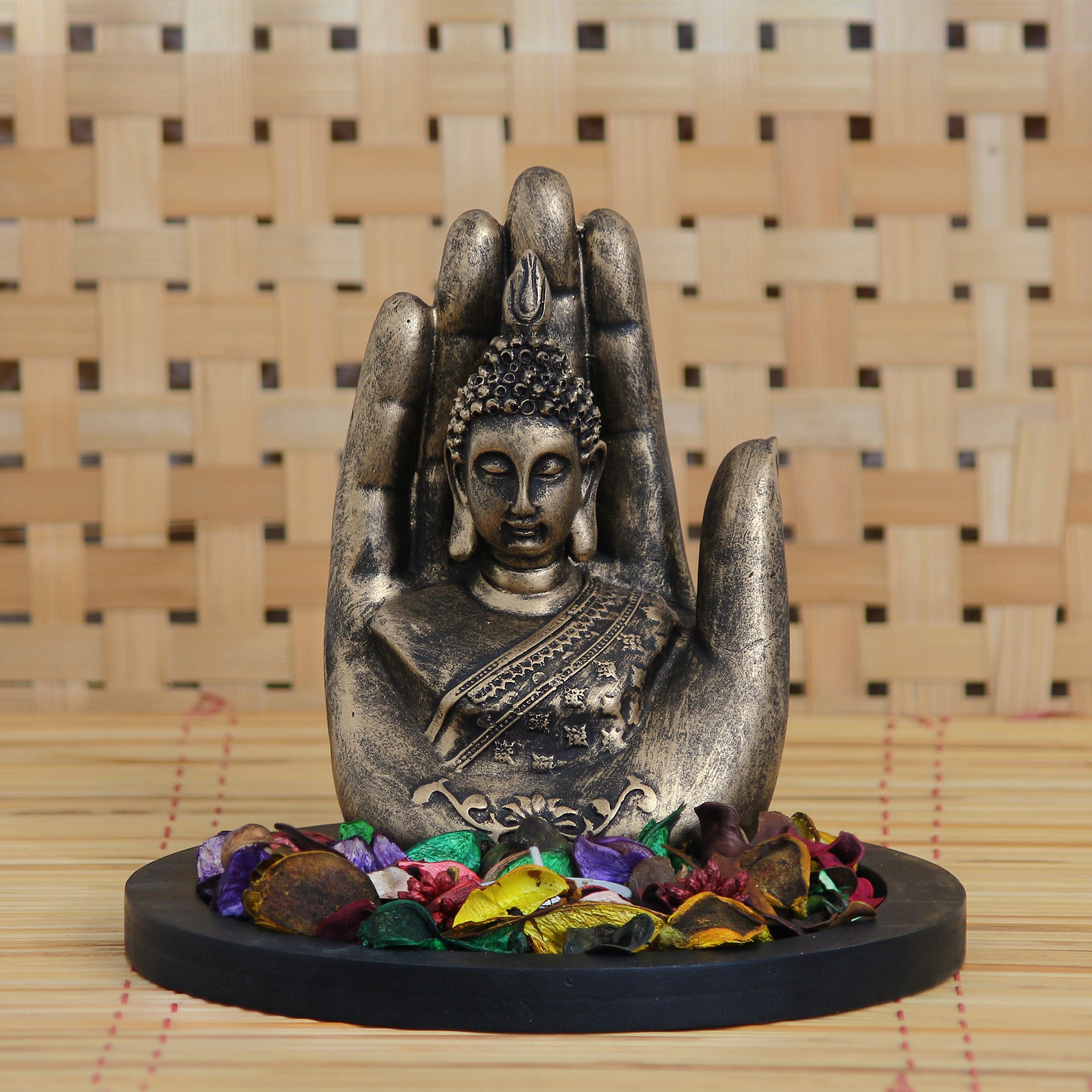 Polyresin Black and Brown Handcrafted Palm Buddha Statue with Wooden Base, Fragranced Petals and Tealight 1
