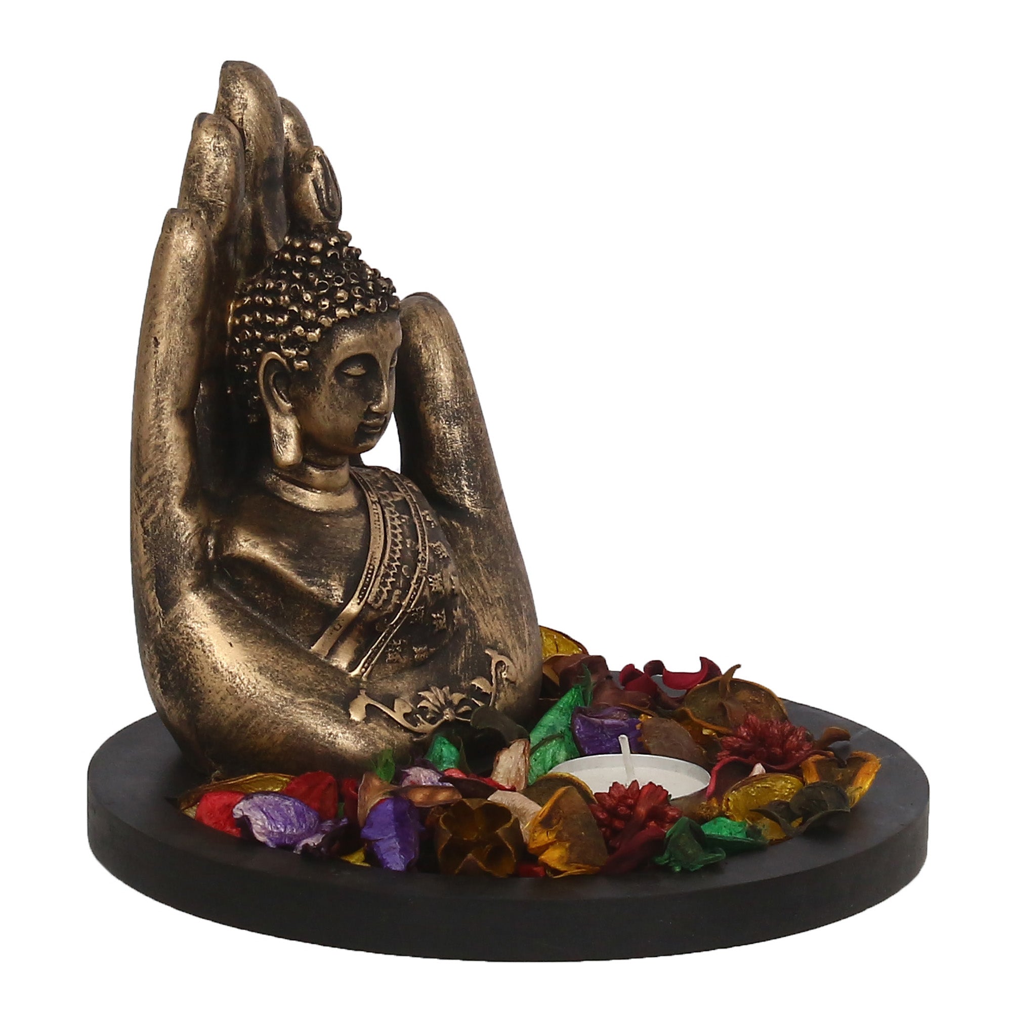 Polyresin Black and Brown Handcrafted Palm Buddha Statue with Wooden Base, Fragranced Petals and Tealight 4