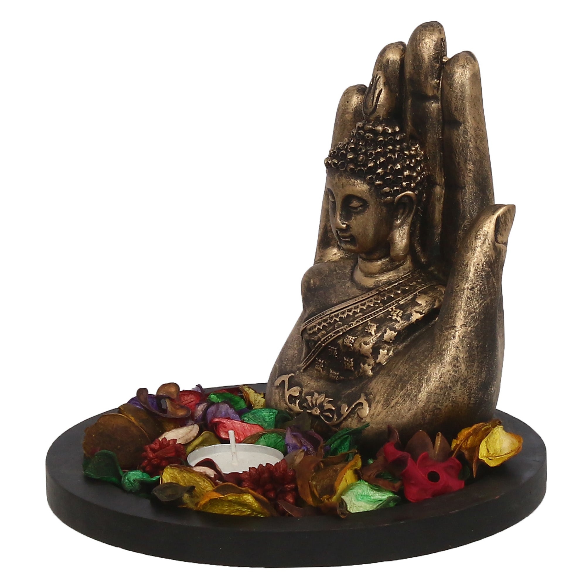 Polyresin Black and Brown Handcrafted Palm Buddha Statue with Wooden Base, Fragranced Petals and Tealight 5