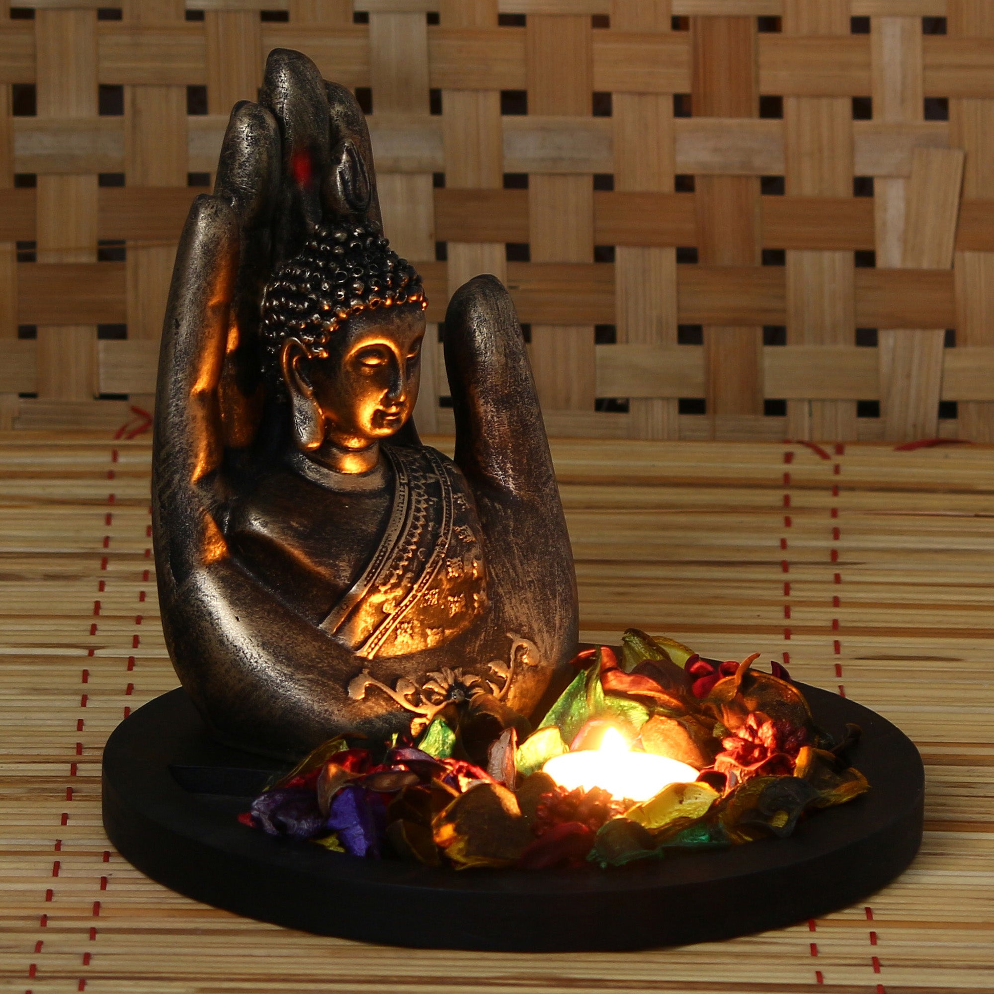 Polyresin Black and Brown Handcrafted Palm Buddha Statue with Wooden Base, Fragranced Petals and Tealight 7