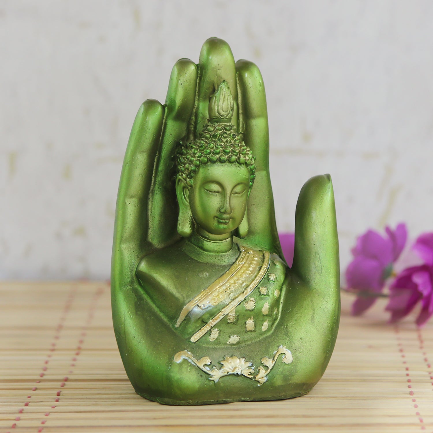 Polyresin Green And Golden Handcrafted Palm Buddha Idol