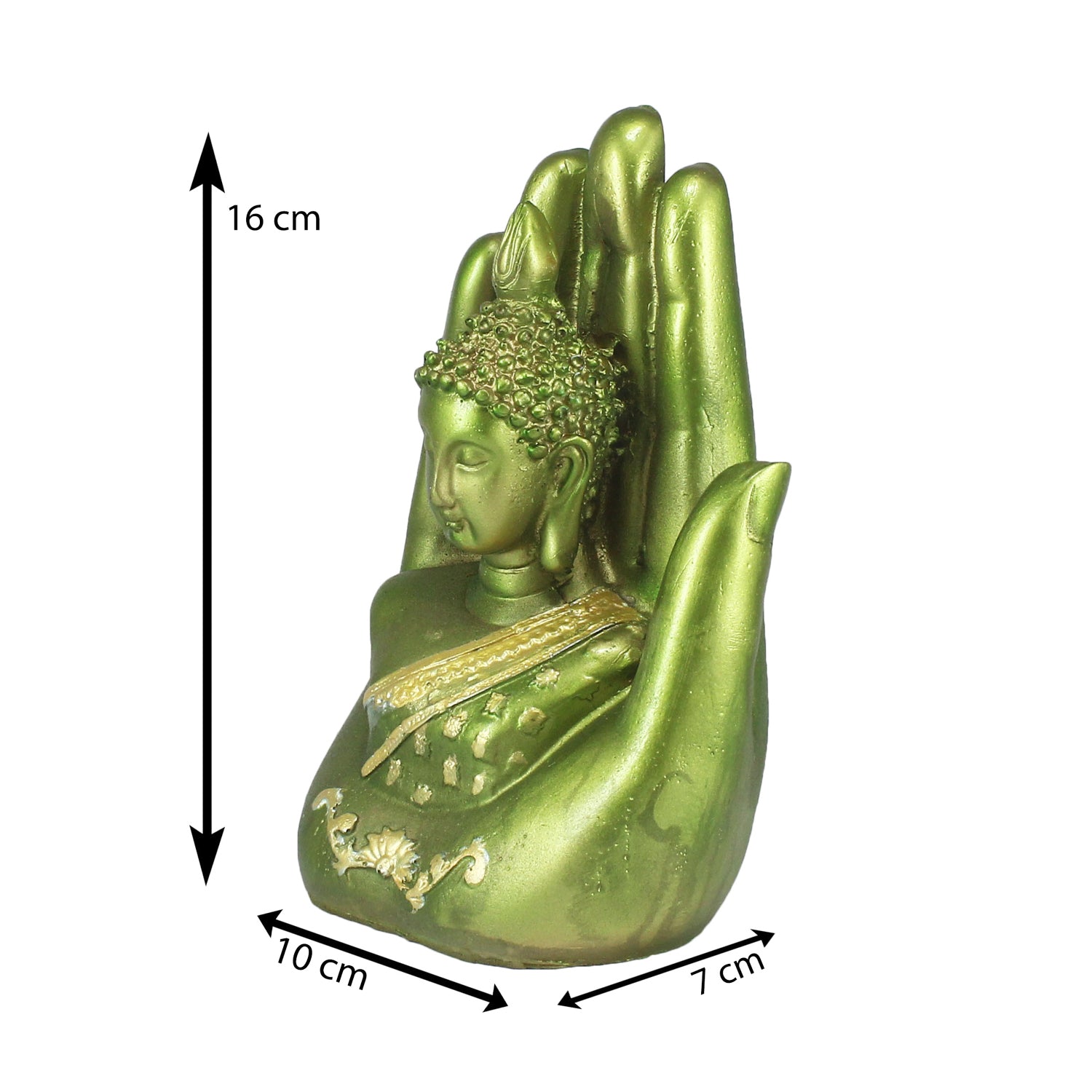 Polyresin Green And Golden Handcrafted Palm Buddha Idol 1