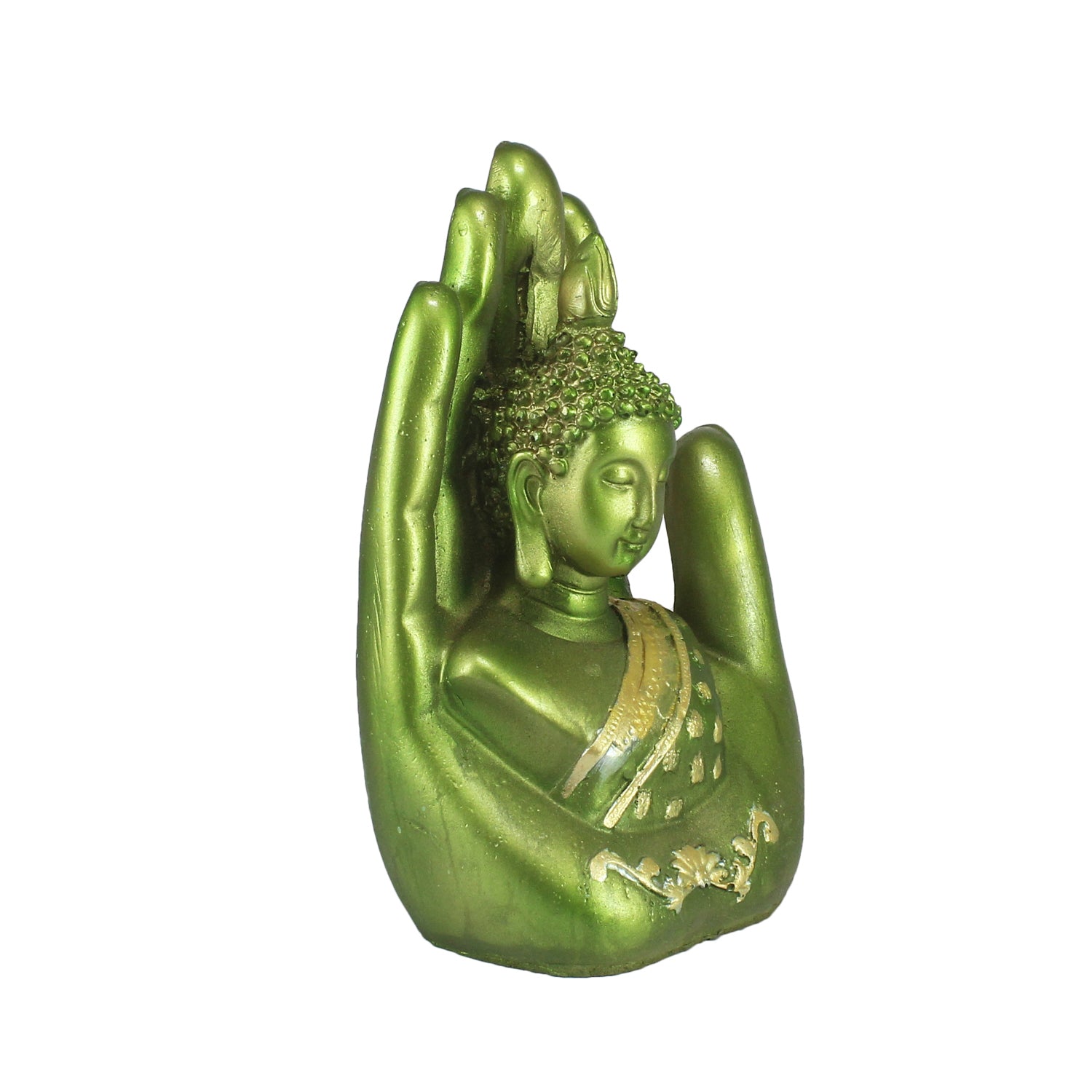 Polyresin Green And Golden Handcrafted Palm Buddha Idol 2