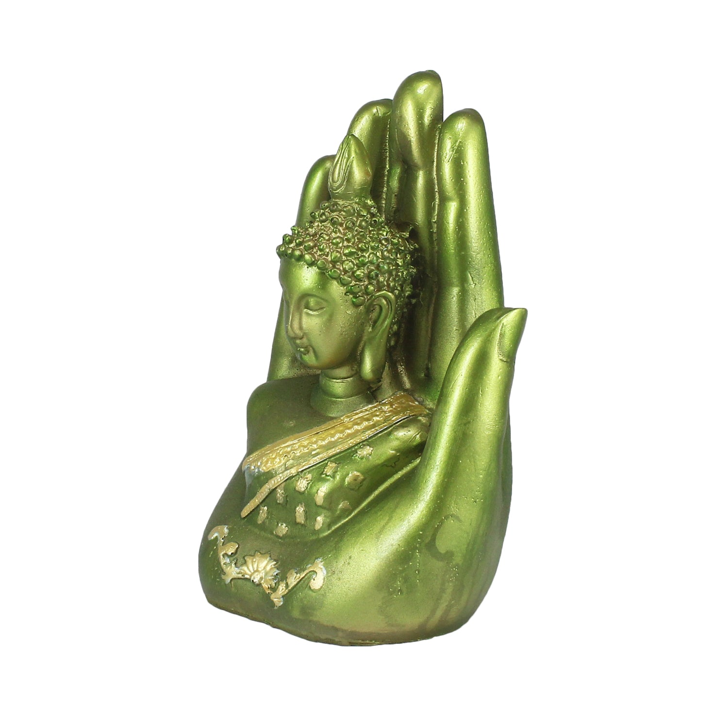 Polyresin Green And Golden Handcrafted Palm Buddha Idol 3