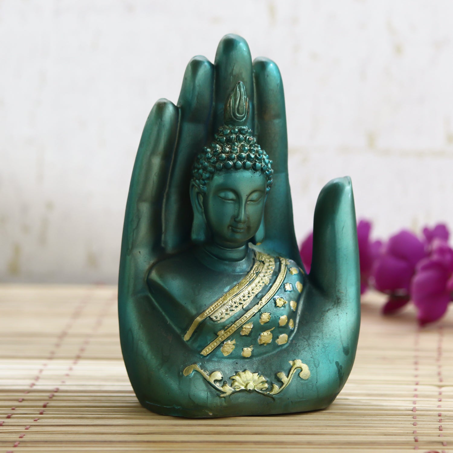 Teak and Golden Handcrafted Palm Buddha