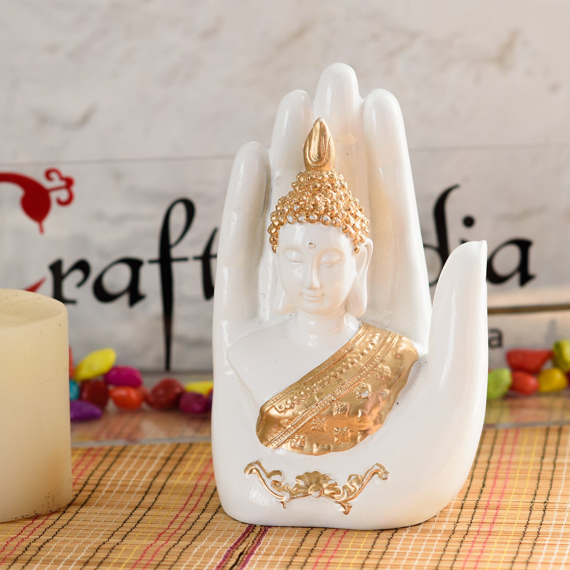 Decorative Palm Buddha Figurine Showpiece - 17 cm (Polyresin, White)