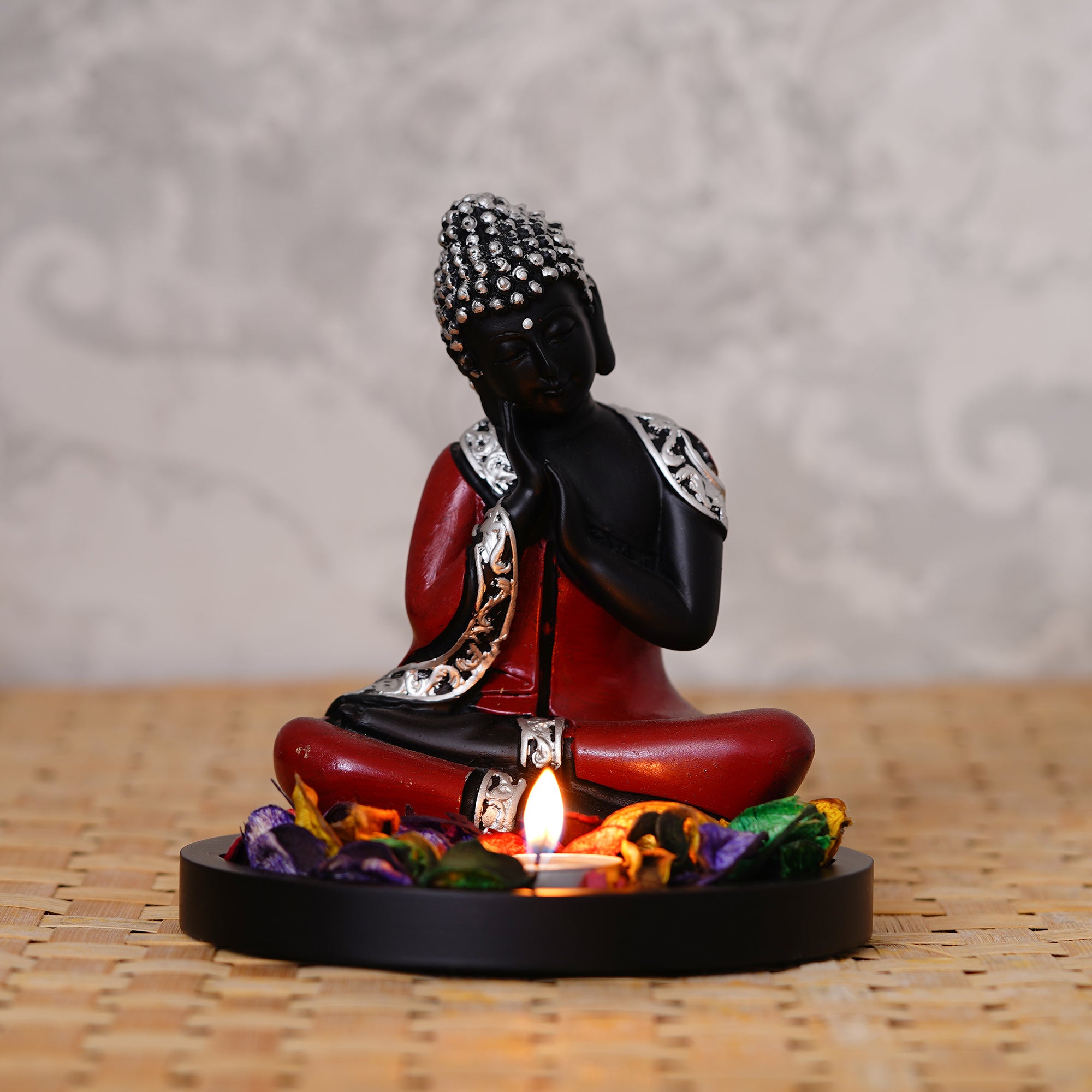 Polyresin Antique Finish Handcrafted Thinking Buddha Statue with Wooden Base, Fragranced Petals and Tealight (Red, Black and Silver)