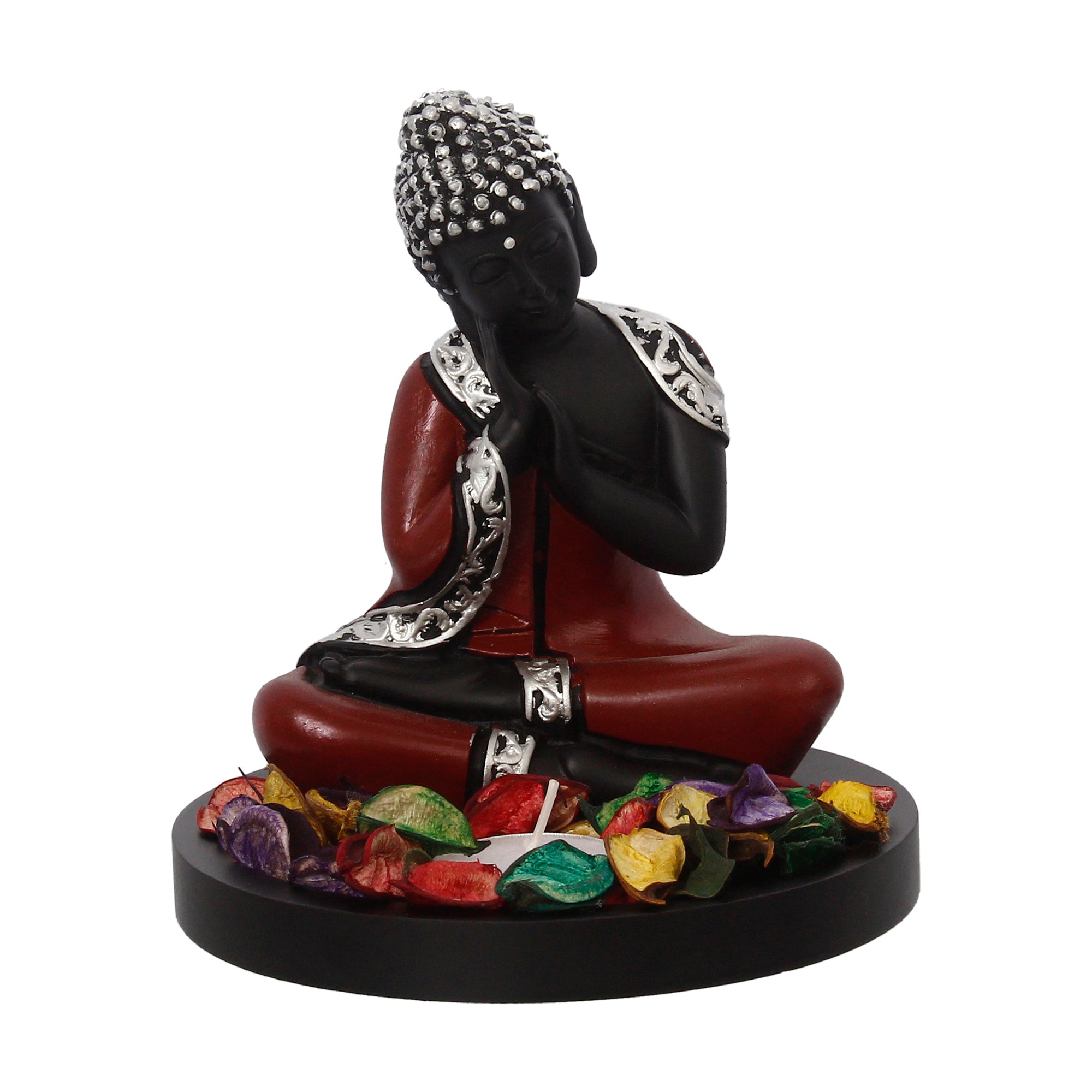 Polyresin Antique Finish Handcrafted Thinking Buddha Statue with Wooden Base, Fragranced Petals and Tealight (Red, Black and Silver) 2