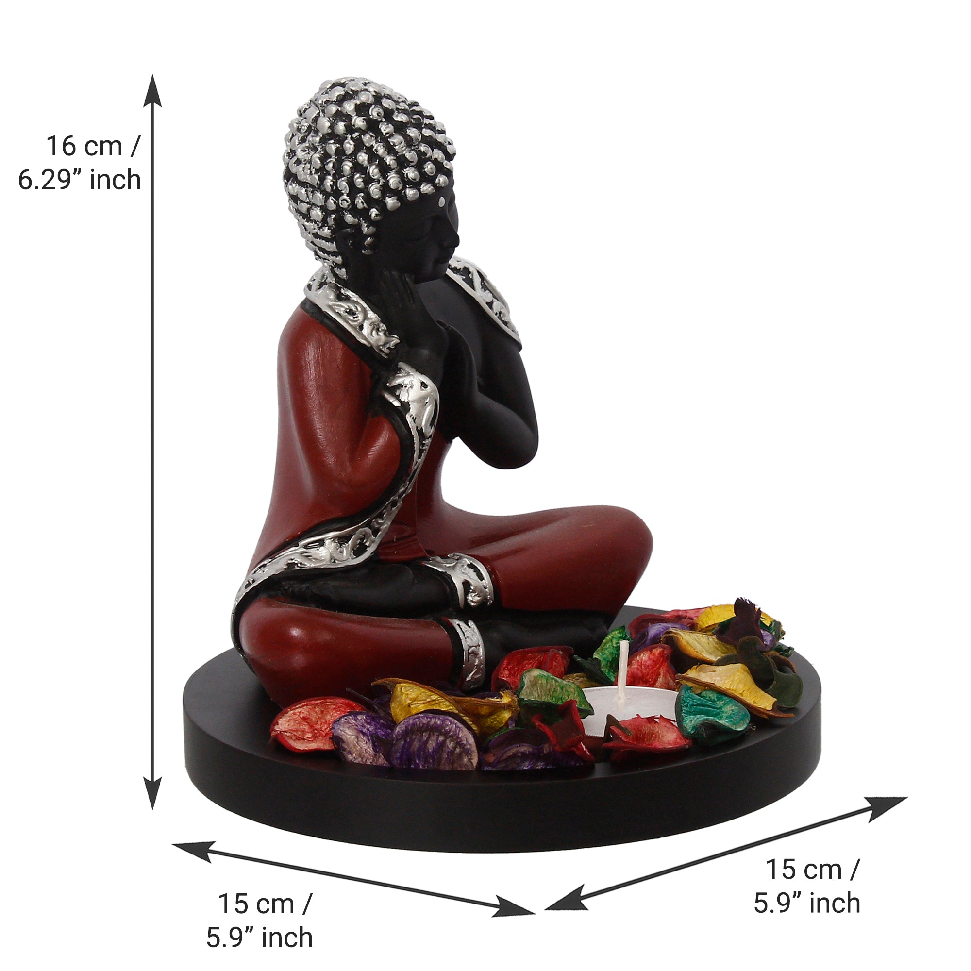 Polyresin Antique Finish Handcrafted Thinking Buddha Statue with Wooden Base, Fragranced Petals and Tealight (Red, Black and Silver) 3