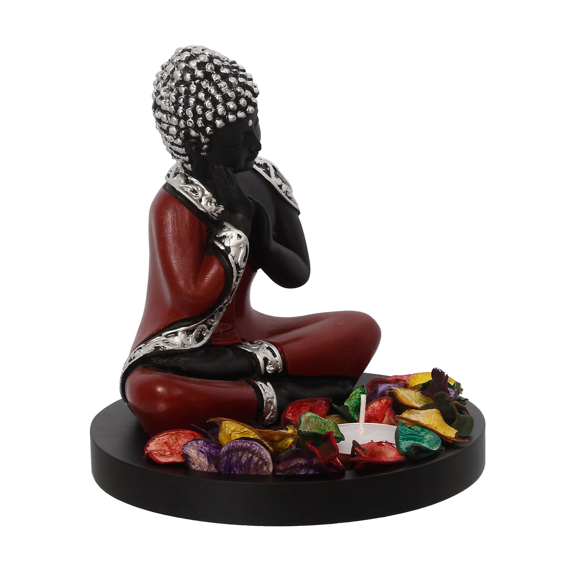 Polyresin Antique Finish Handcrafted Thinking Buddha Statue with Wooden Base, Fragranced Petals and Tealight (Red, Black and Silver) 4