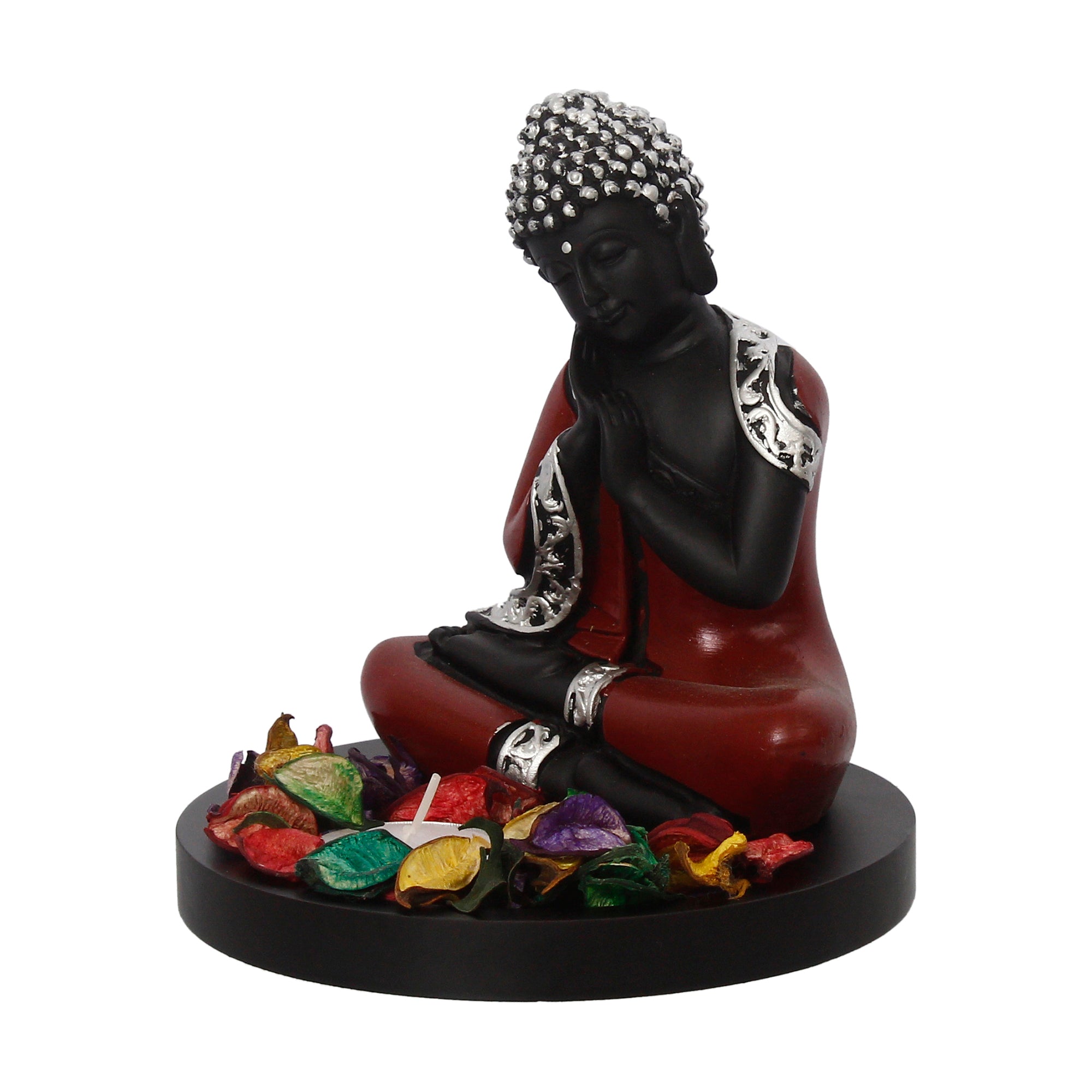 Polyresin Antique Finish Handcrafted Thinking Buddha Statue with Wooden Base, Fragranced Petals and Tealight (Red, Black and Silver) 5