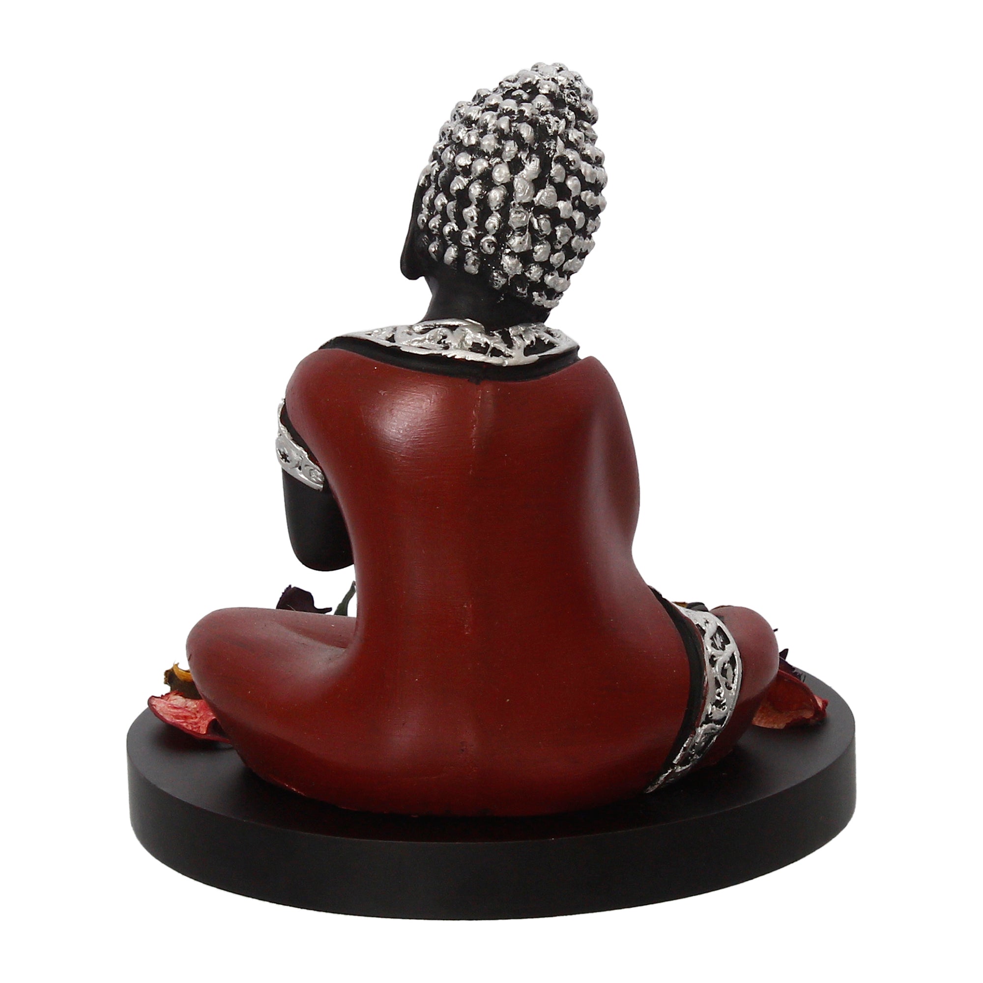 Polyresin Antique Finish Handcrafted Thinking Buddha Statue with Wooden Base, Fragranced Petals and Tealight (Red, Black and Silver) 6
