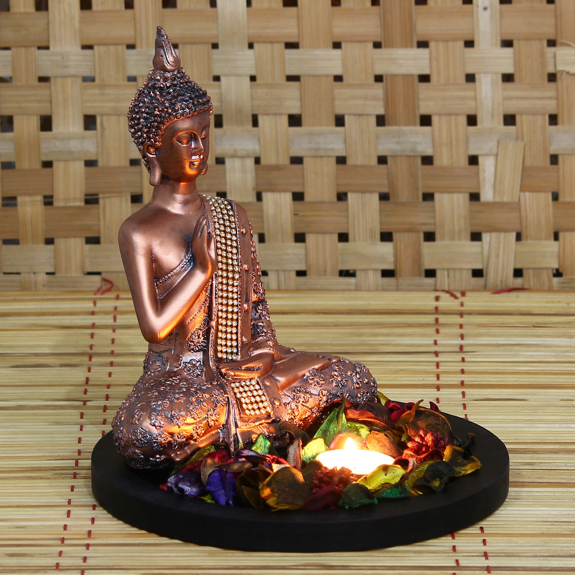 Polyresin Copper Finish Meditating Buddha Idol with Wooden Base, Fragranced Petals and Tealight