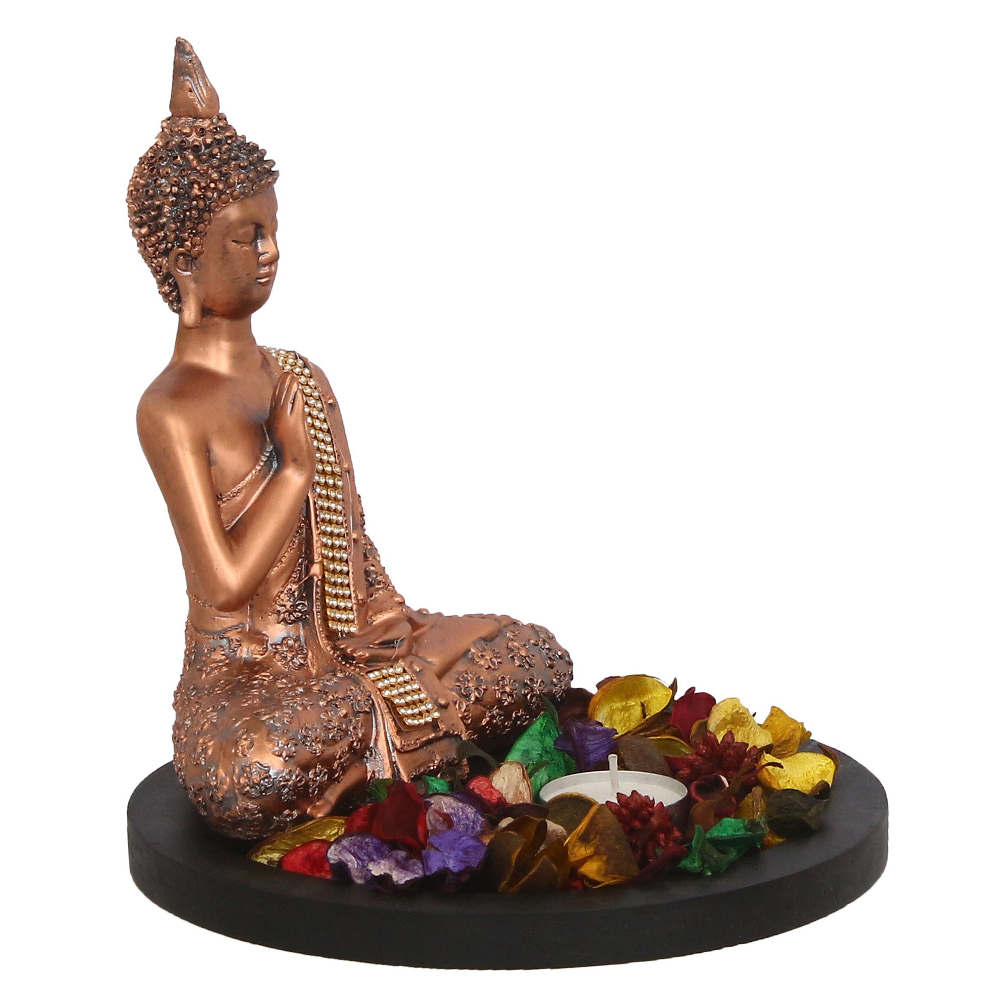 Polyresin Copper Finish Meditating Buddha Idol with Wooden Base, Fragranced Petals and Tealight 1