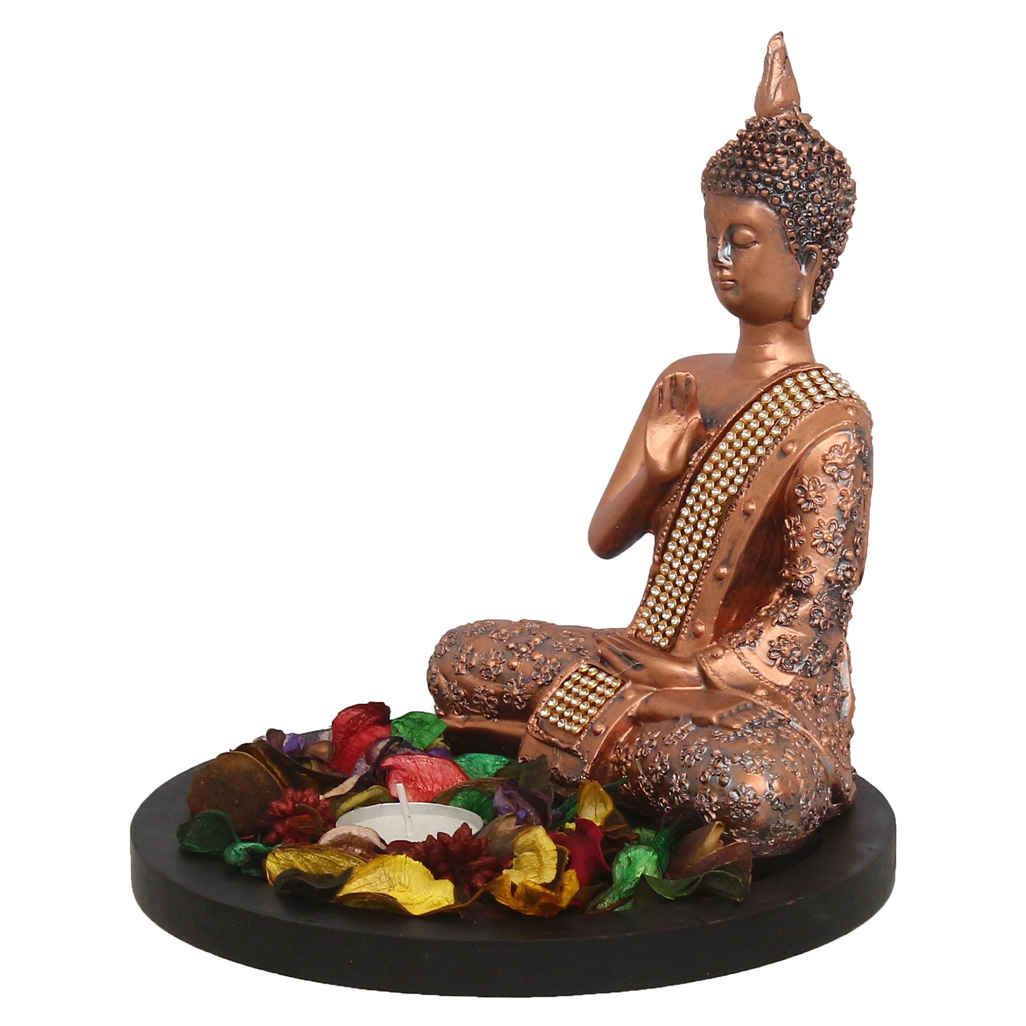 Polyresin Copper Finish Meditating Buddha Idol with Wooden Base, Fragranced Petals and Tealight 2