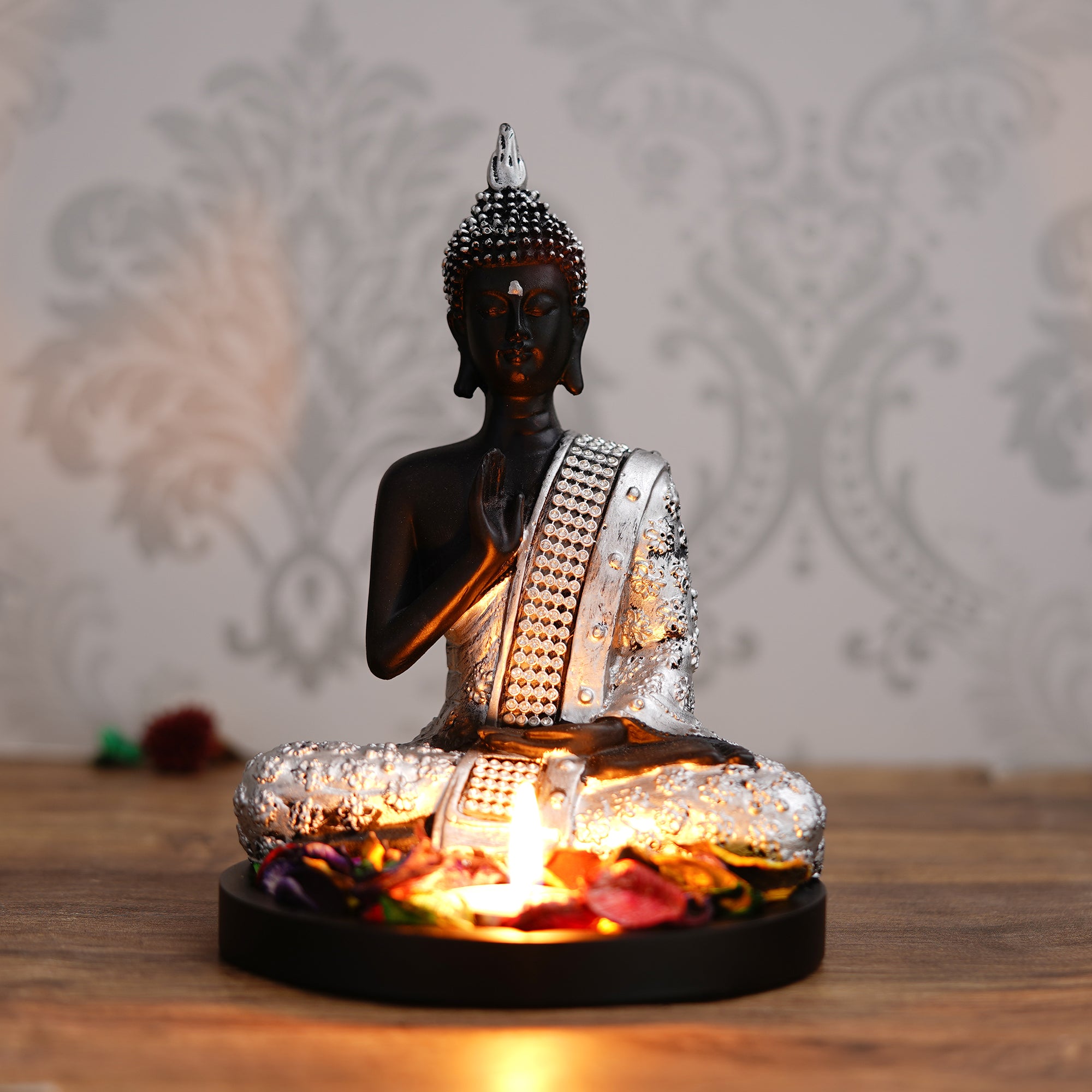 Polyresin Black and Silver Handcrafted Meditating Blessing Buddha Statue with Wooden Base, Fragranced Petals and Tealight 1