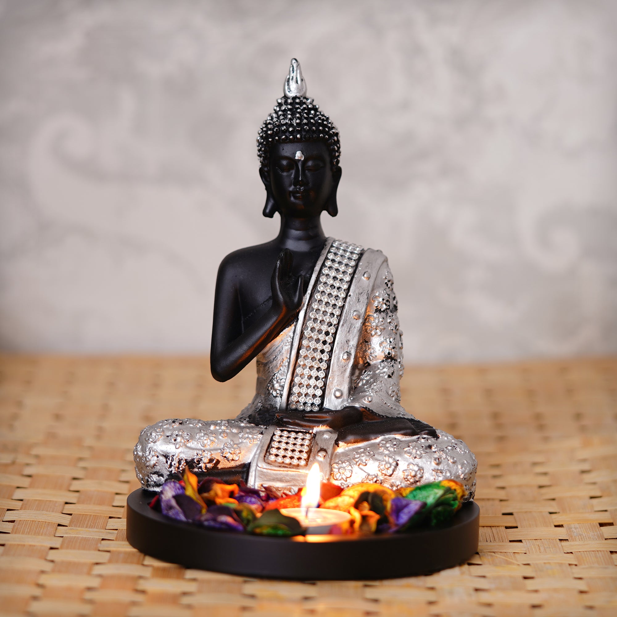 Polyresin Black and Silver Handcrafted Meditating Blessing Buddha Statue with Wooden Base, Fragranced Petals and Tealight
