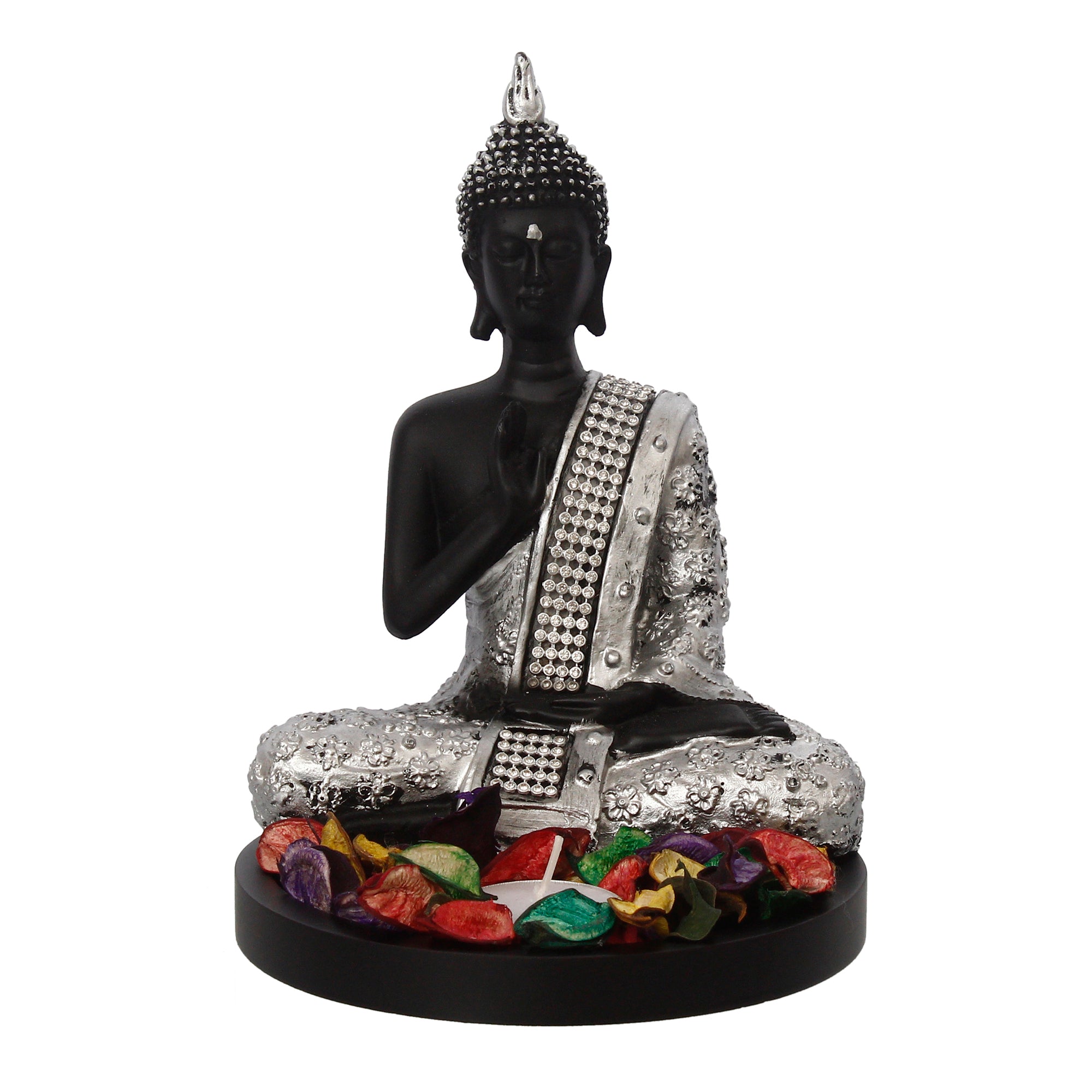 Polyresin Black and Silver Handcrafted Meditating Blessing Buddha Statue with Wooden Base, Fragranced Petals and Tealight 2
