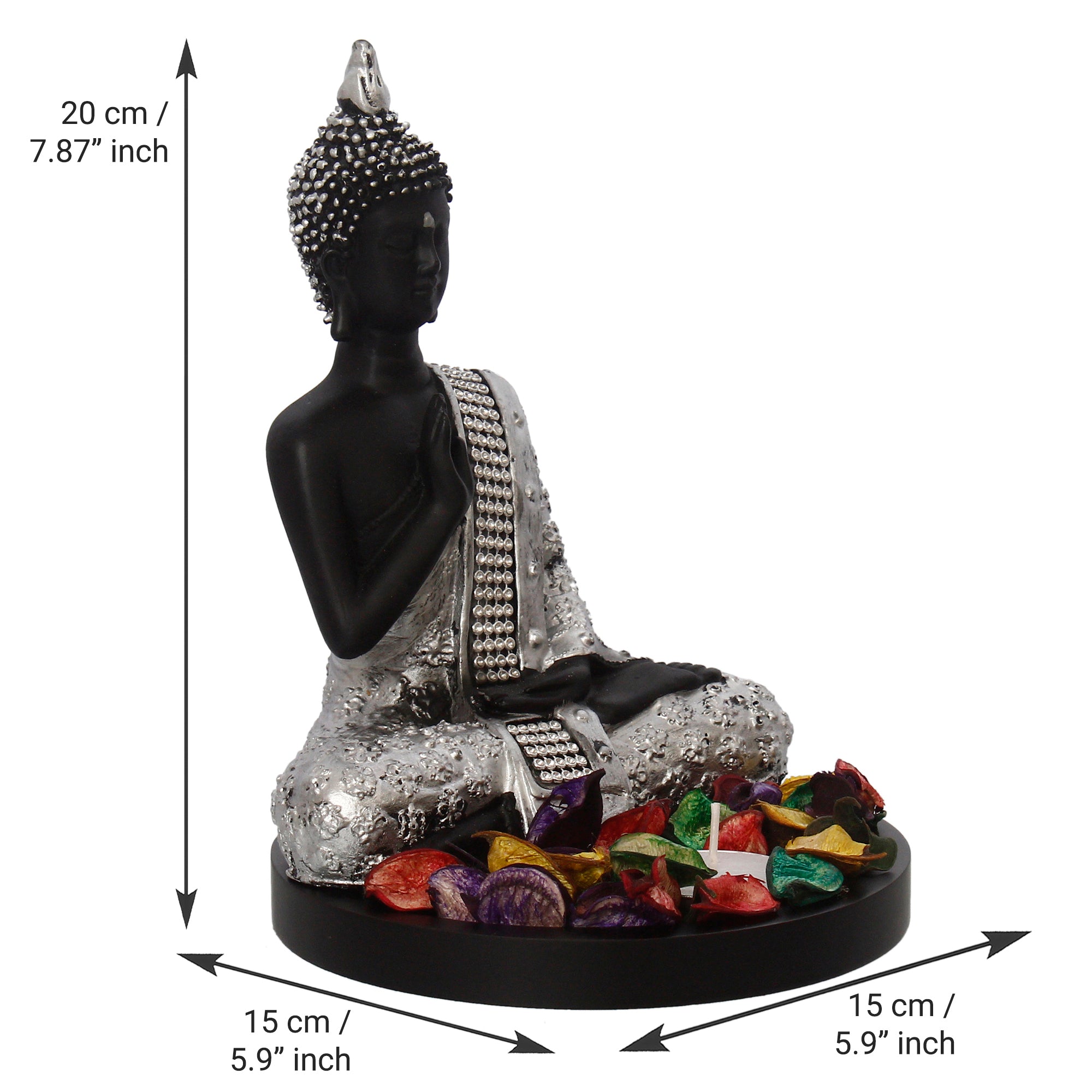 Polyresin Black and Silver Handcrafted Meditating Blessing Buddha Statue with Wooden Base, Fragranced Petals and Tealight 3