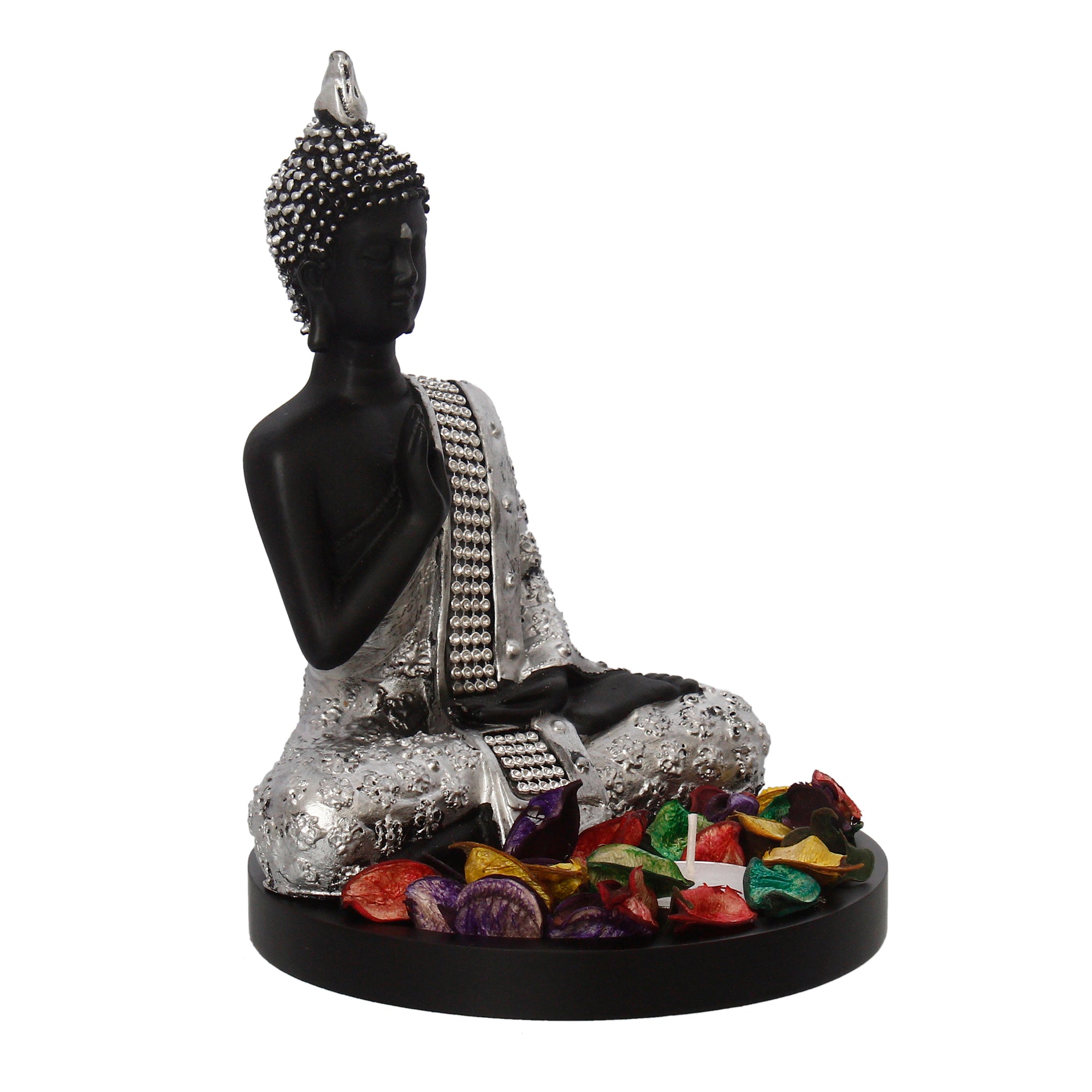 Polyresin Black and Silver Handcrafted Meditating Blessing Buddha Statue with Wooden Base, Fragranced Petals and Tealight 4