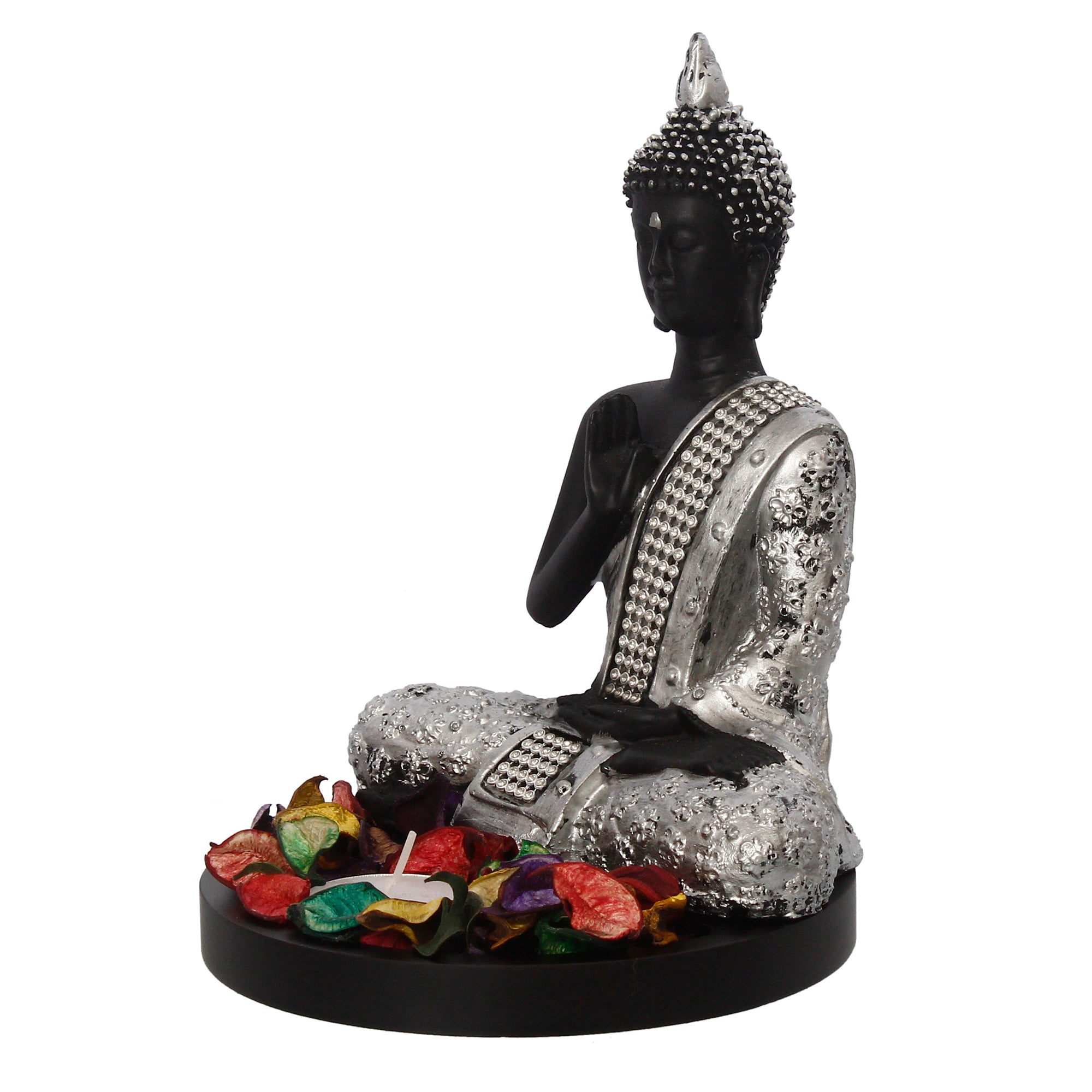 Polyresin Black and Silver Handcrafted Meditating Blessing Buddha Statue with Wooden Base, Fragranced Petals and Tealight 5
