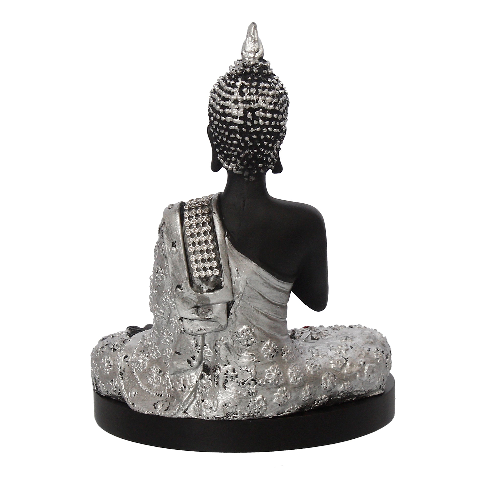 Polyresin Black and Silver Handcrafted Meditating Blessing Buddha Statue with Wooden Base, Fragranced Petals and Tealight 6