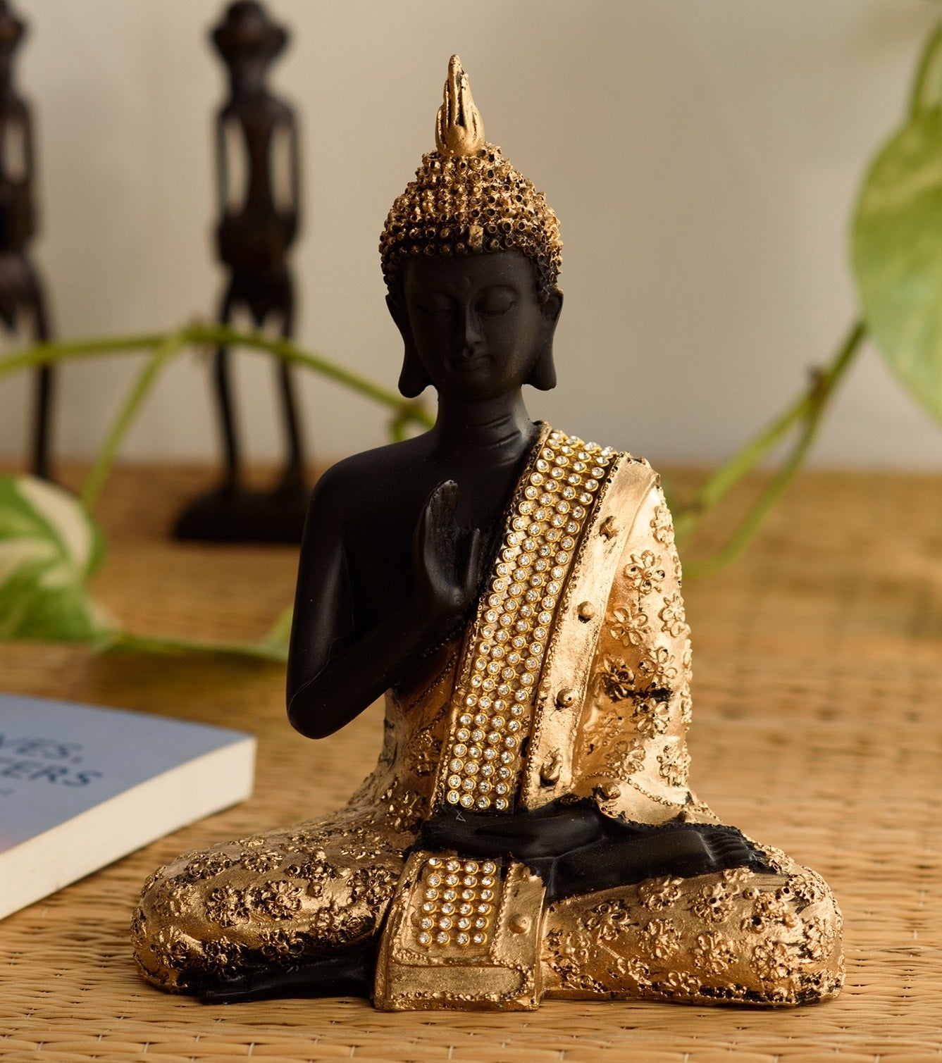 Polyresin Black and Golden Handcrafted Meditating Blessing Buddha Statue