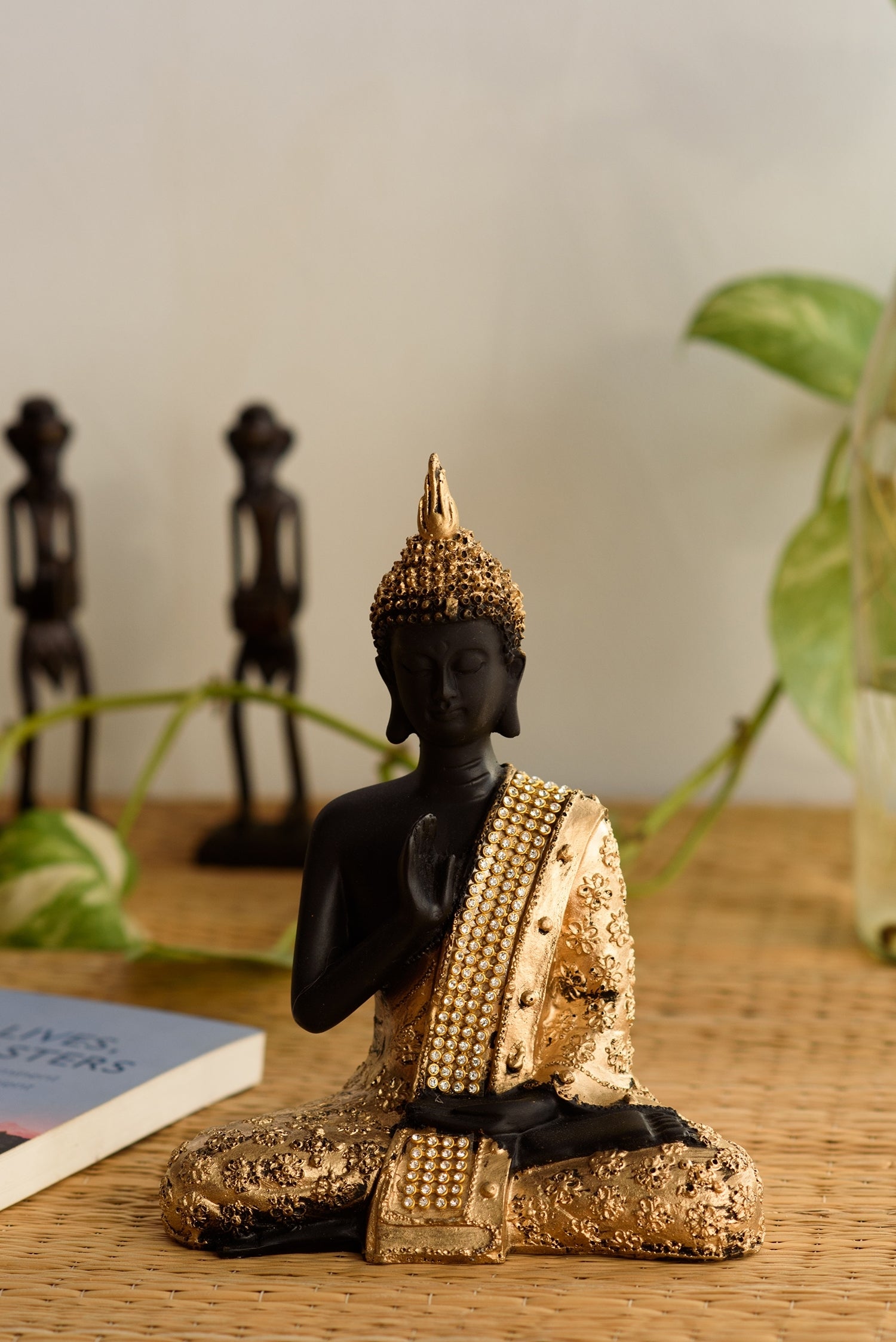 Polyresin Black and Golden Handcrafted Meditating Blessing Buddha Statue 3