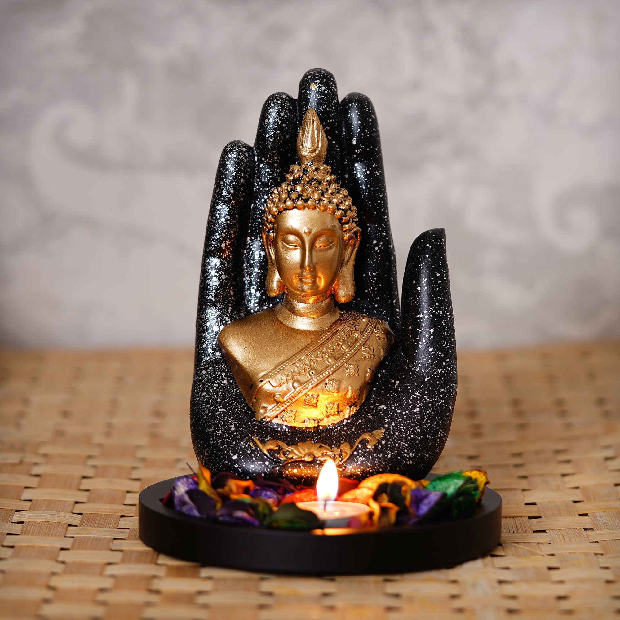 Polyresin Black and Golden Handcrafted Palm Buddha Statue with Wooden Base, Fragranced Petals and Tealight