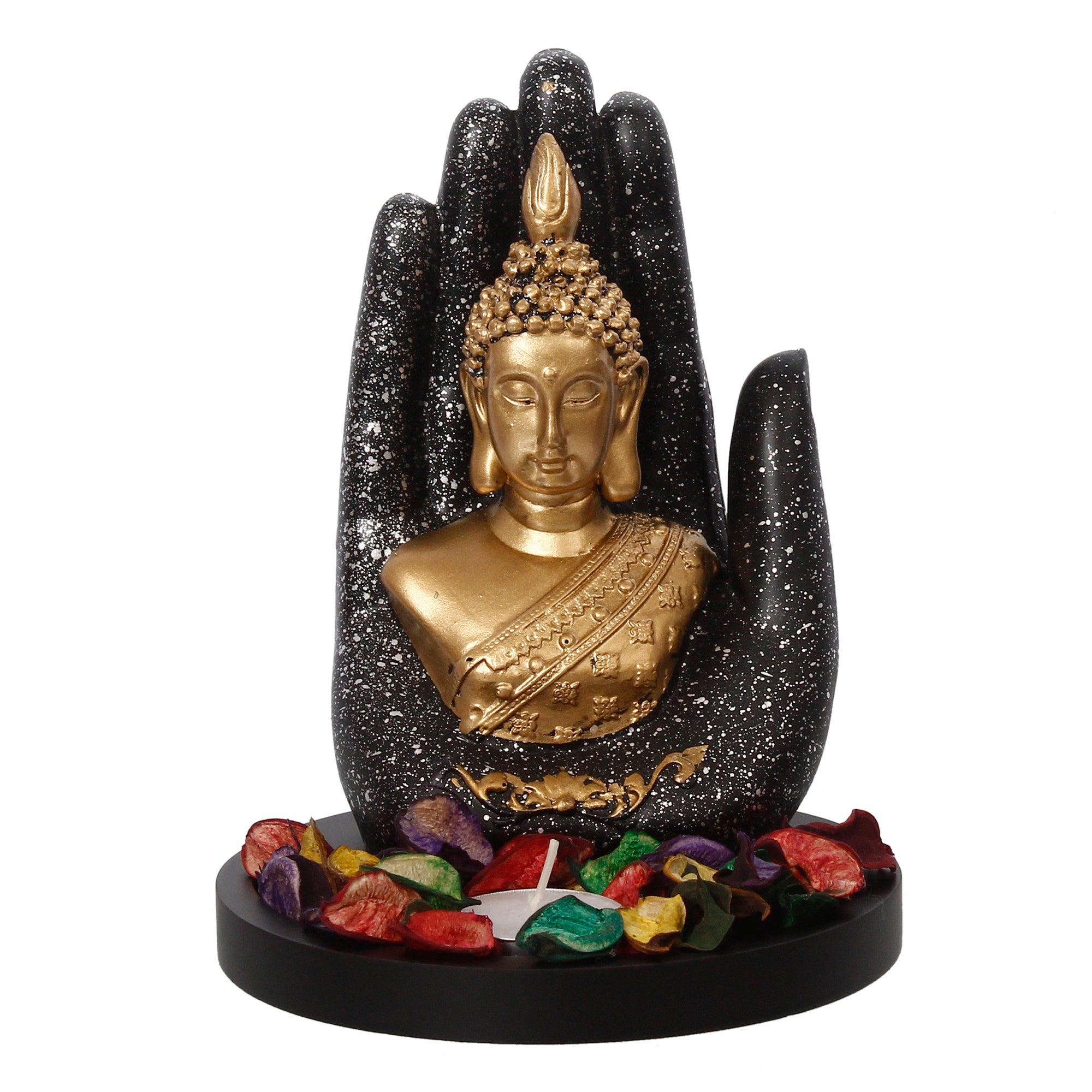 Polyresin Black and Golden Handcrafted Palm Buddha Statue with Wooden Base, Fragranced Petals and Tealight 2