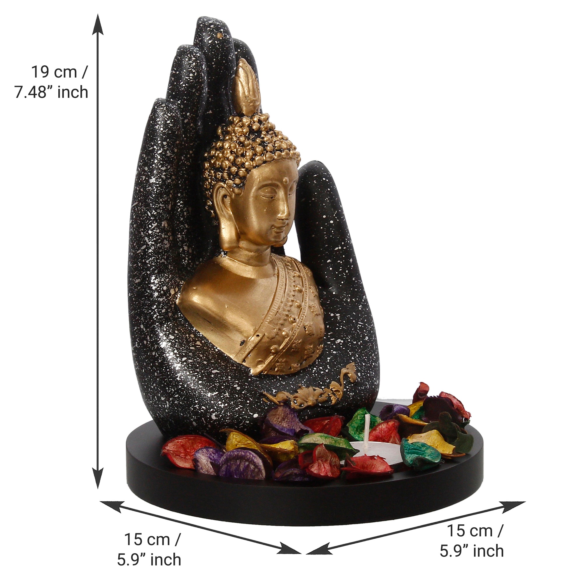 Polyresin Black and Golden Handcrafted Palm Buddha Statue with Wooden Base, Fragranced Petals and Tealight 3