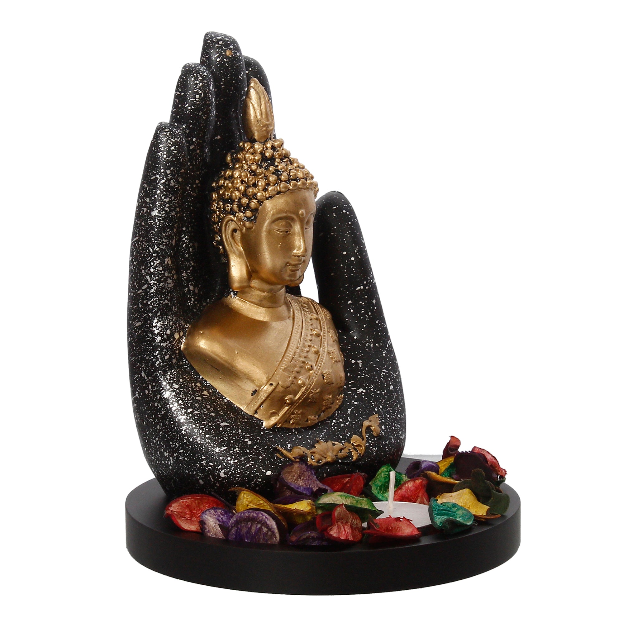 Polyresin Black and Golden Handcrafted Palm Buddha Statue with Wooden Base, Fragranced Petals and Tealight 4