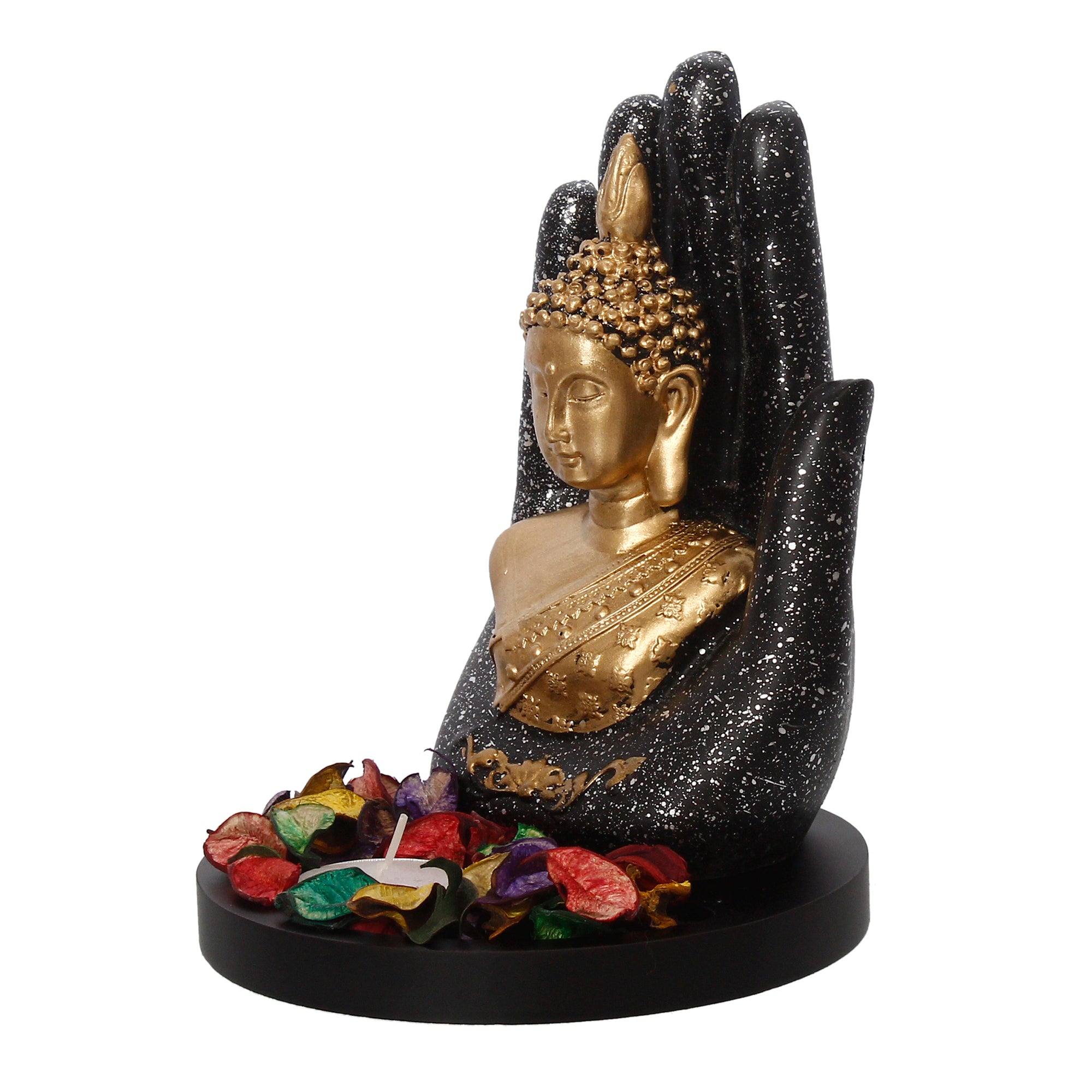 Polyresin Black and Golden Handcrafted Palm Buddha Statue with Wooden Base, Fragranced Petals and Tealight 5