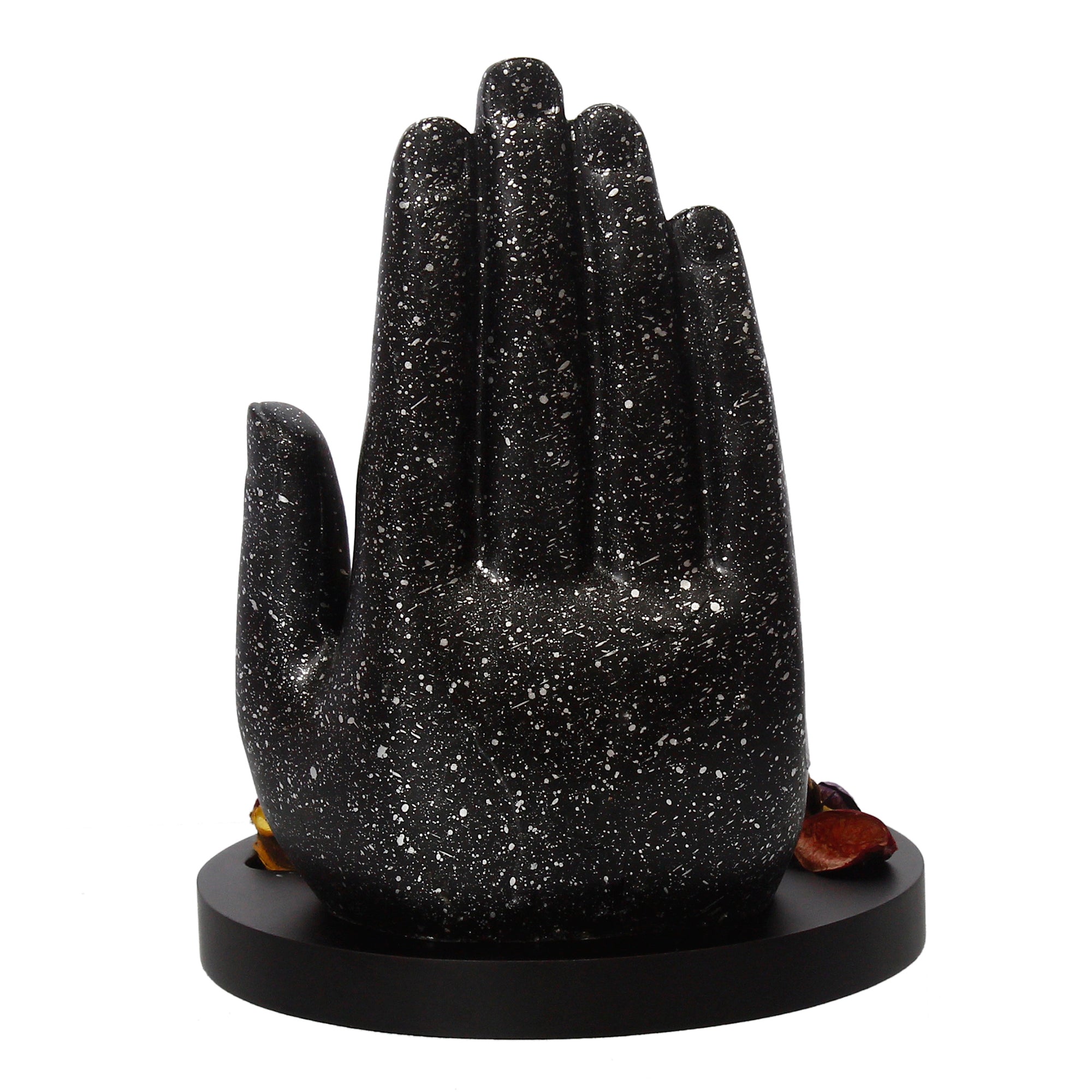 Polyresin Black and Golden Handcrafted Palm Buddha Statue with Wooden Base, Fragranced Petals and Tealight 6
